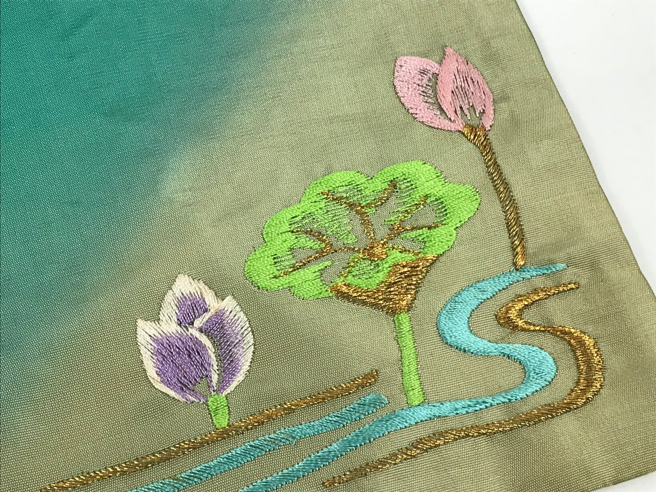 Japanese Buddhist Altar Silk Table Cloth Uchishiki Vtg Lotus Pond Blue Pink UC23