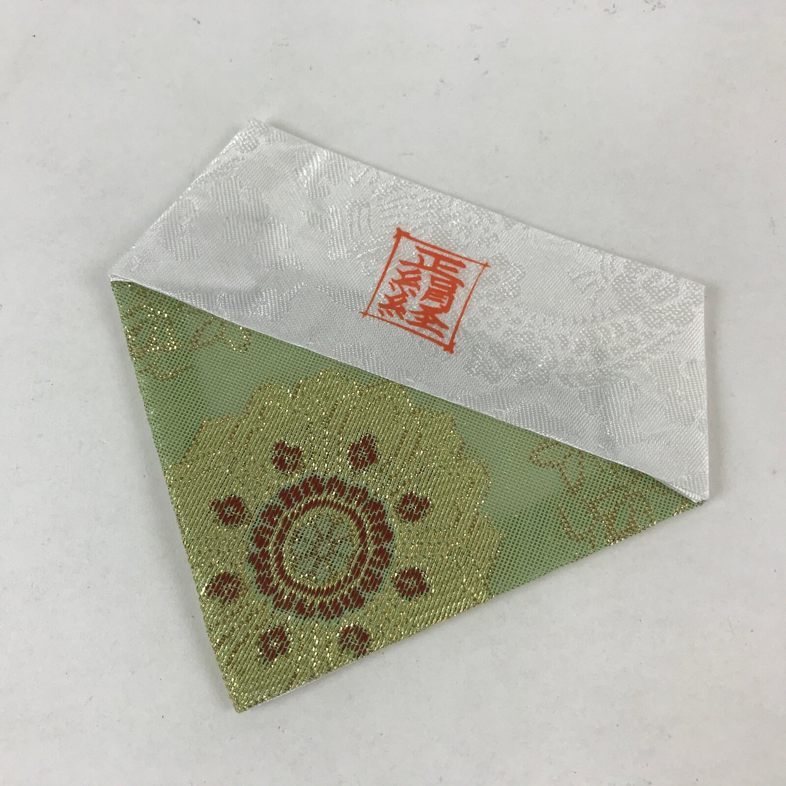 Japanese Buddhist Altar Silk Tablecloth Uchishiki Vtg Triangle Green Gold BA137