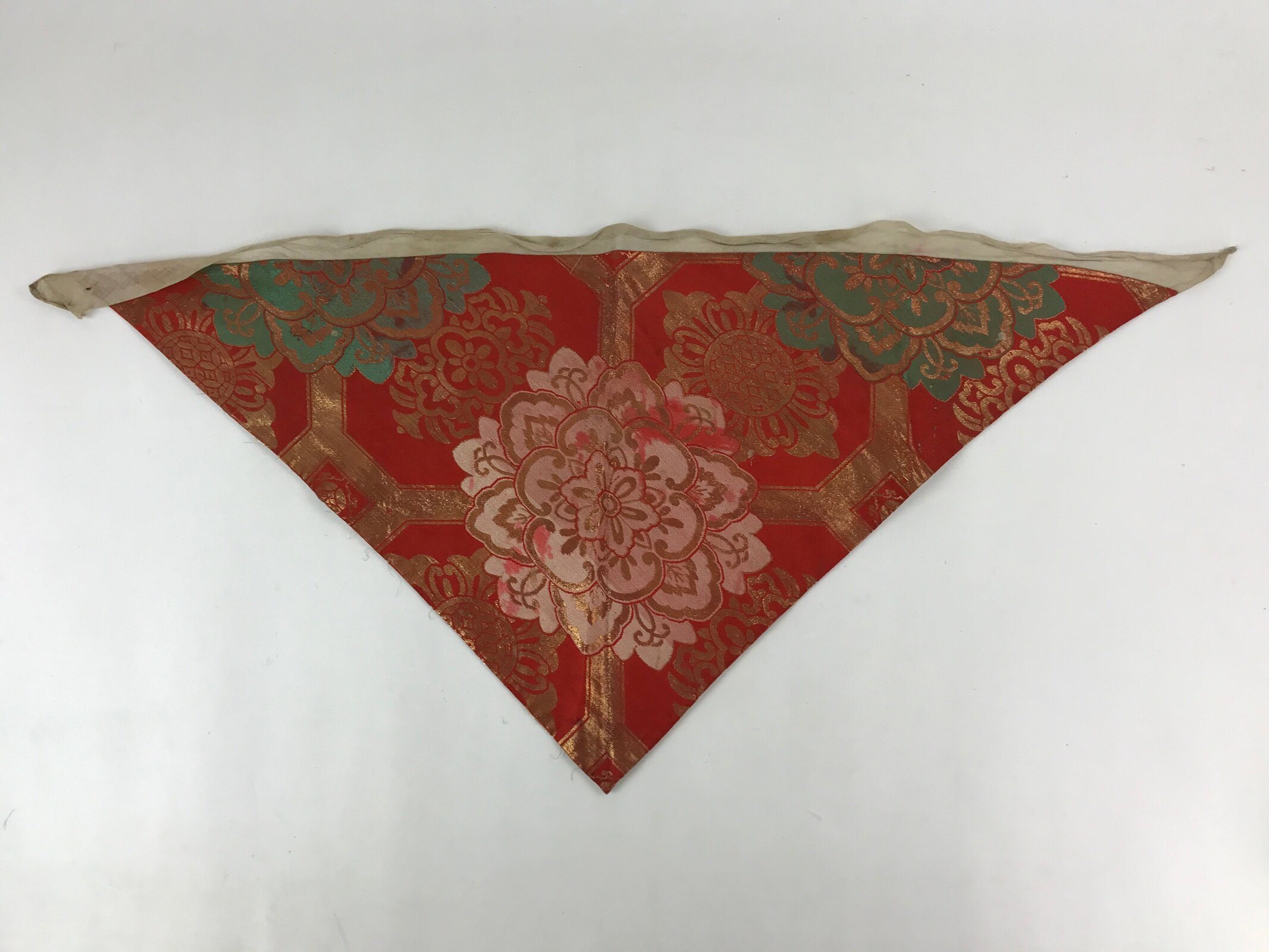 Japanese Buddhist Altar Silk Tablecloth Uchishiki Vtg Triangle Red Peony BA100