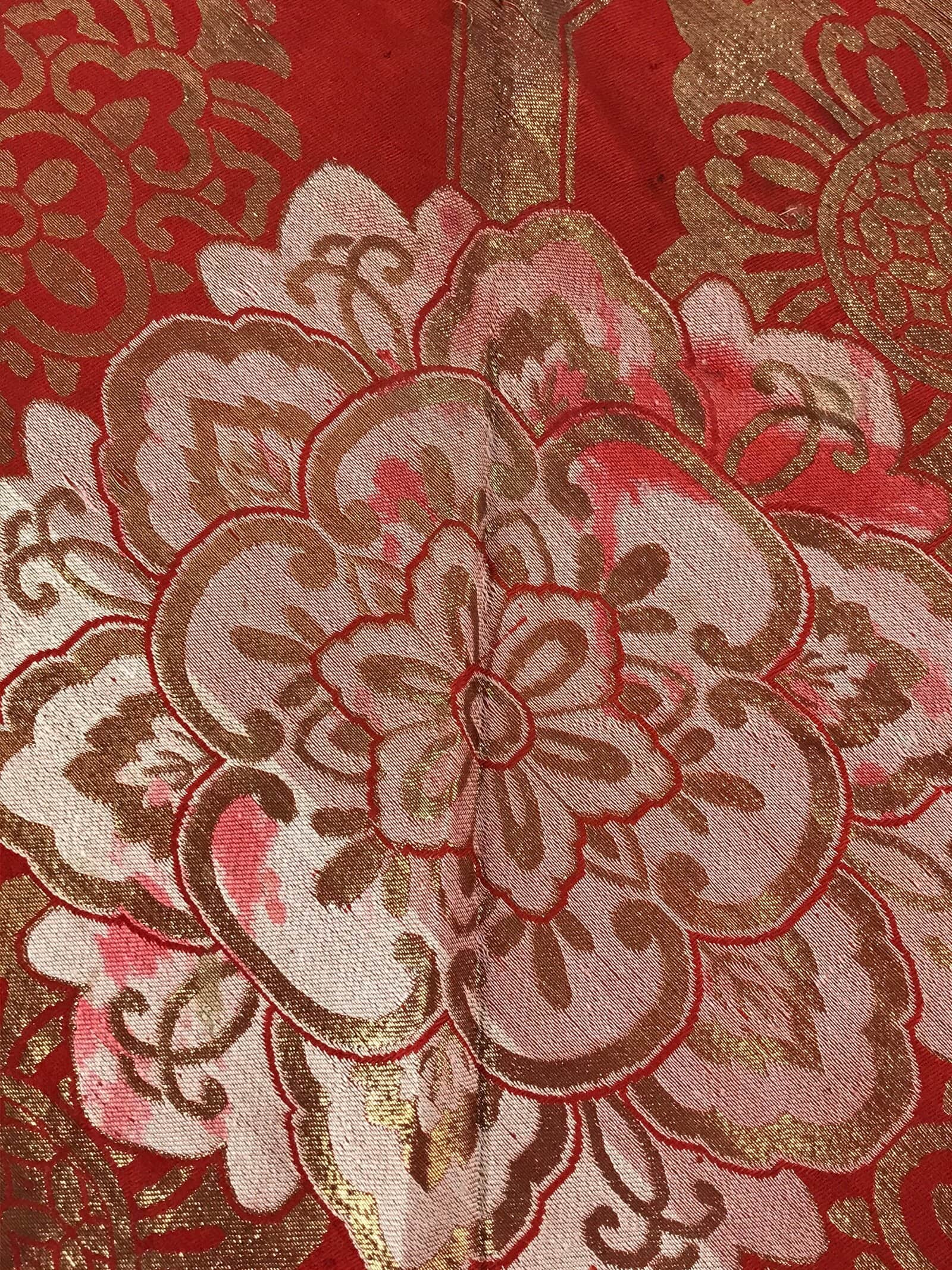 Japanese Buddhist Altar Silk Tablecloth Uchishiki Vtg Triangle Red Peony BA100