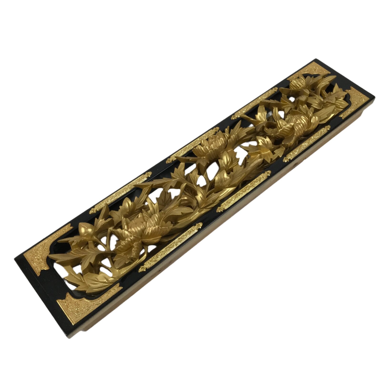 Japanese Buddhist Altar Wood Lacquer Part Carved Peony Botan Gold Brass BA722