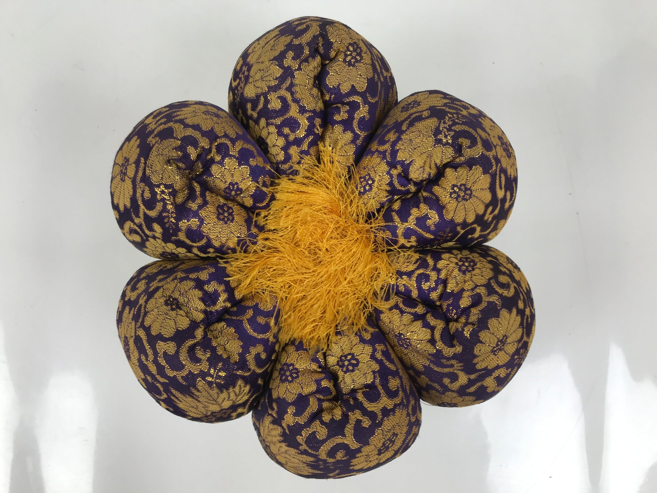 Japanese Buddhist Large Orin Bell Singing Bowl Fabric Pillow Purple Floral BA614