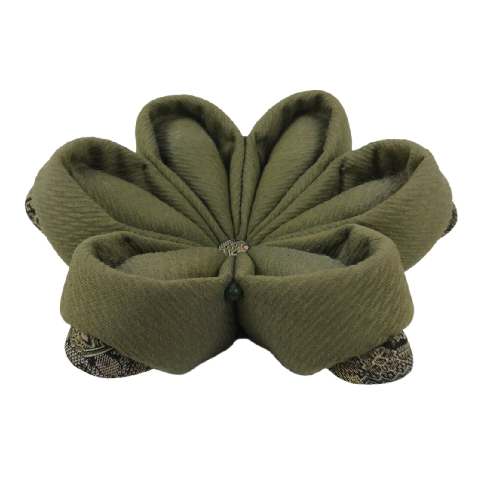 Japanese Buddhist Orin Bell Singing Bowl Fabric Pillow Green Flower Beads BA613