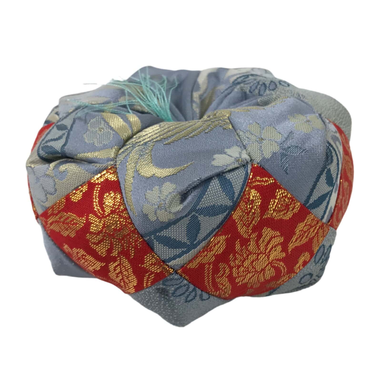 Japanese Buddhist Orin Bell Singing Bowl Fabric Pillow Vtg Blue Red Floral BA552