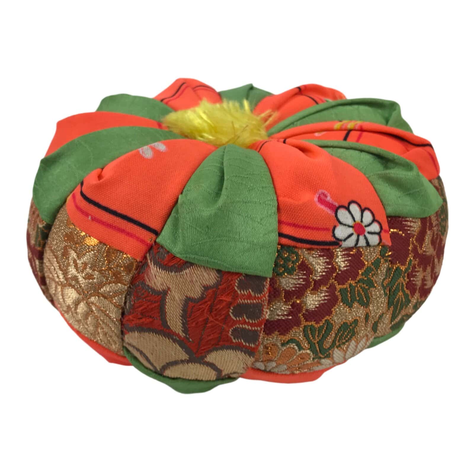 Japanese Buddhist Orin Bell Singing Bowl Fabric Pillow Vtg Green Orange BA548