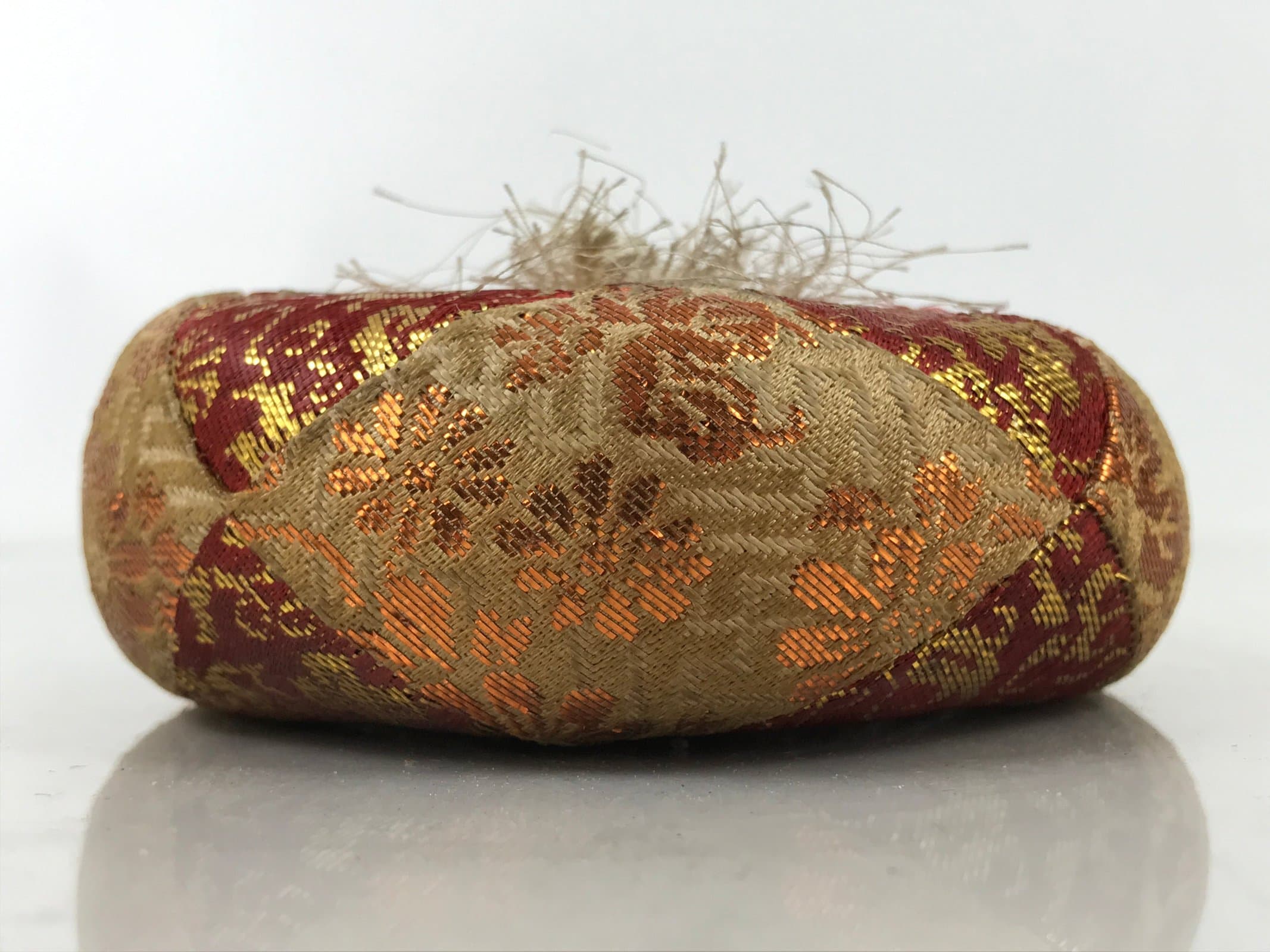 Japanese Buddhist Orin Bell Singing Bowl Fabric Pillow Vtg Small Red Gold BA560