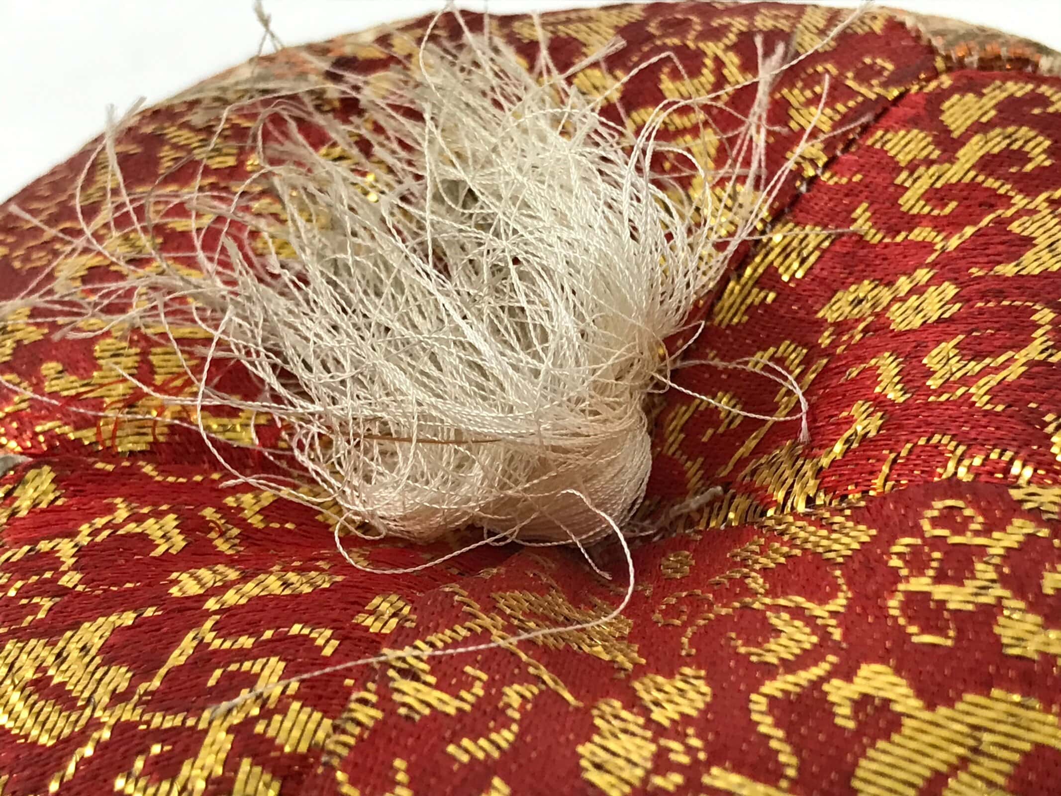 Japanese Buddhist Orin Bell Singing Bowl Fabric Pillow Vtg Small Red Gold BA560