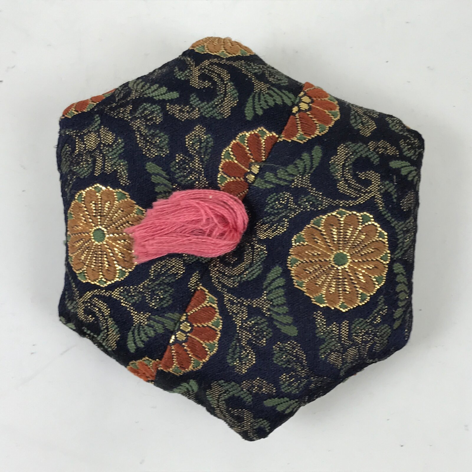 Japanese Buddhist Orin Bell Singing Bowl Silk Pillow Small Hexagon Blue BA565