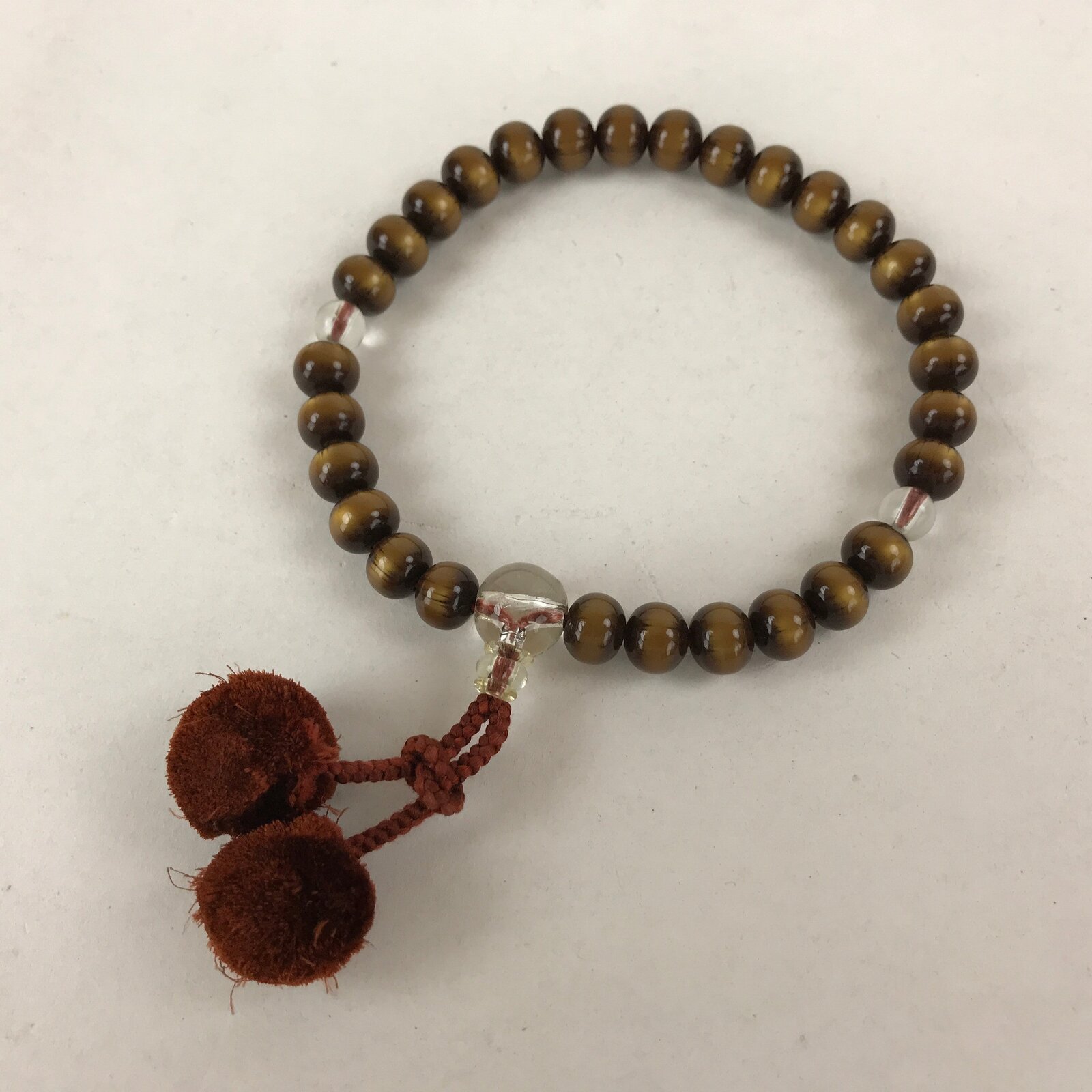 Japanese Buddhist Prayer Bracelet Vtg Rosary Juzu Tiger Eye Brown Pompoms JZ144