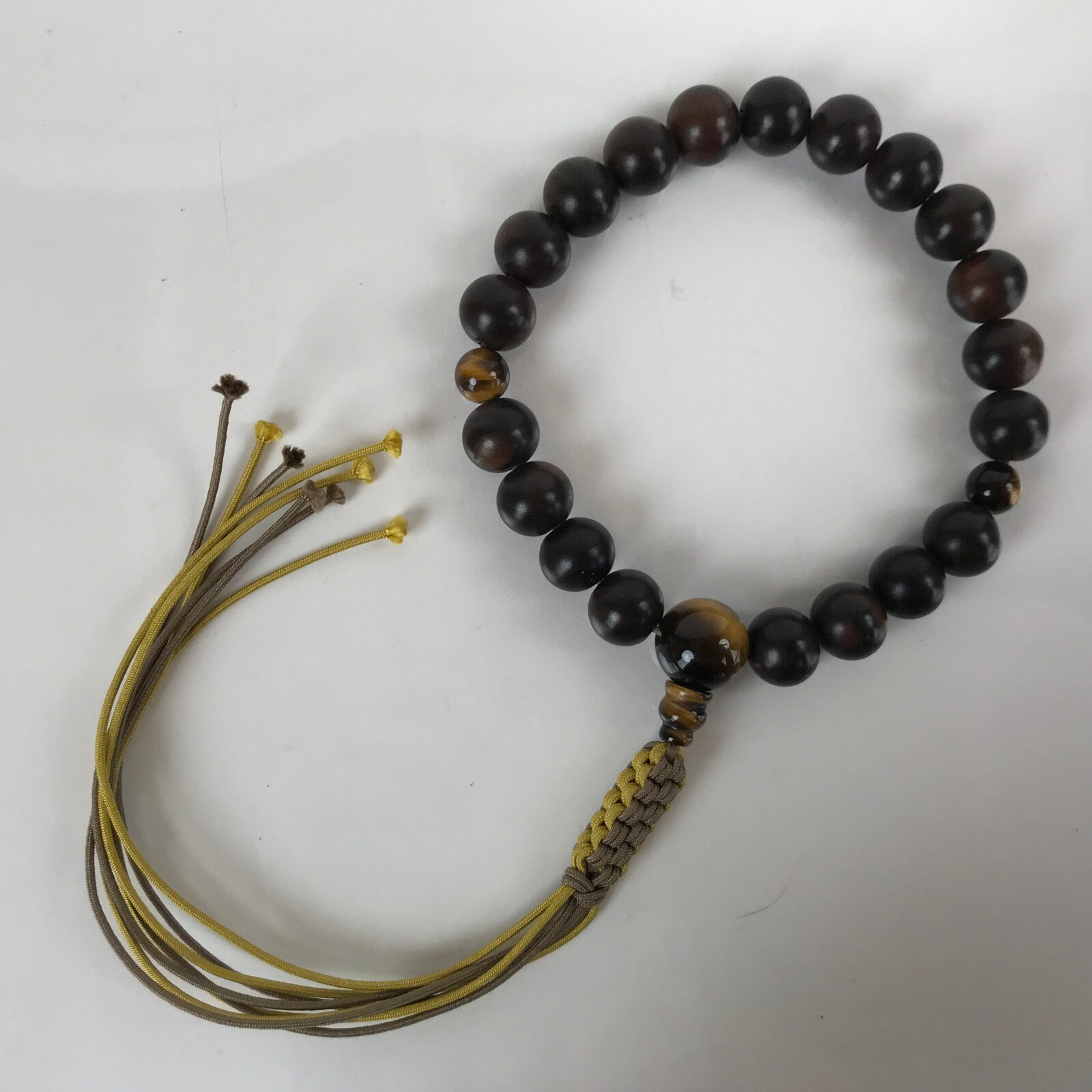 Japanese Buddhist Prayer Bracelet Vtg Rosary Juzu Wood Brown Stone Beads JZ154