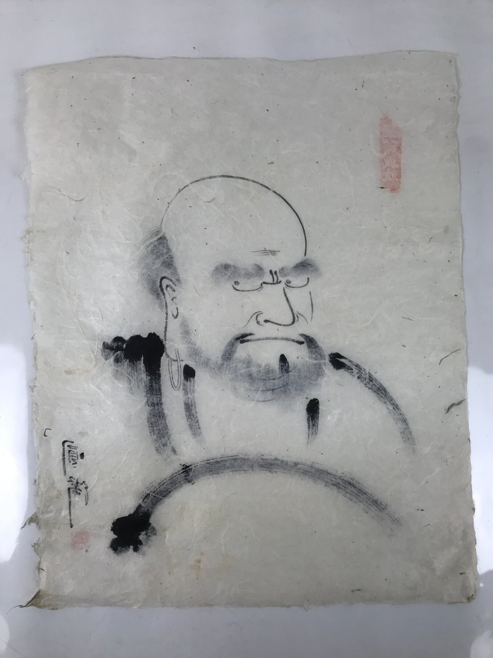 Japanese Calligraphy Bodhidharma Daruma Portrait Vtg Buddhist Black White FL365