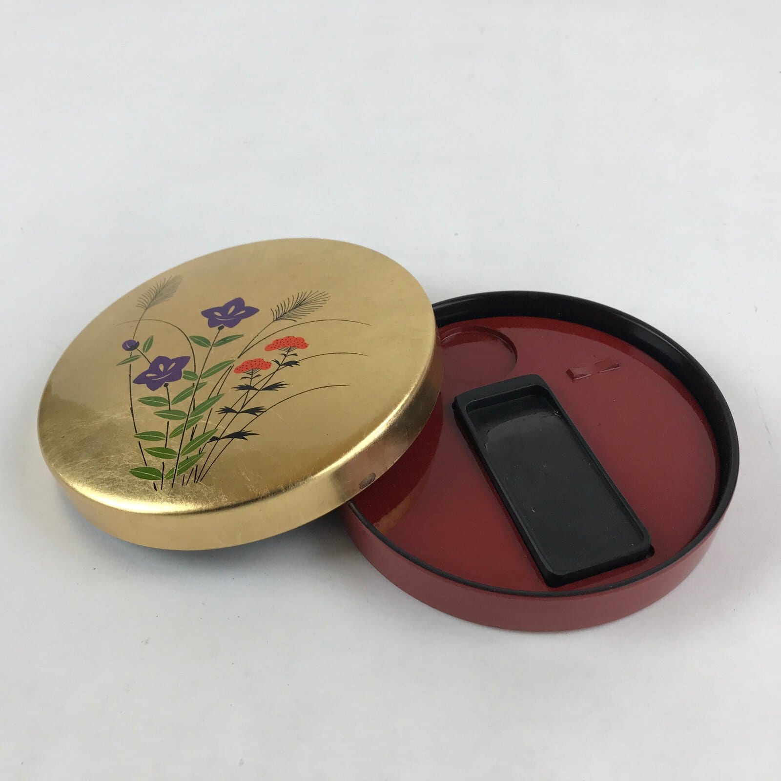Japanese Calligraphy Lid Box Ink Stone Vtg Suzuribako Gold Autumn Plants JK571