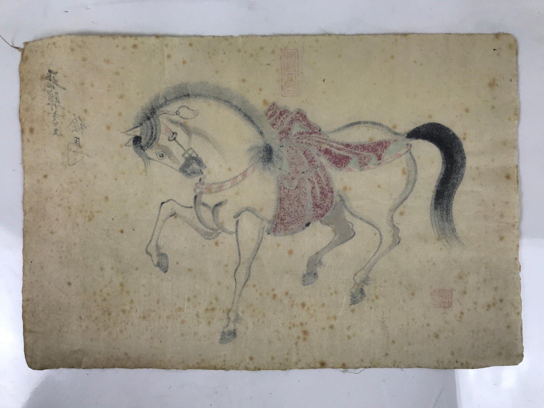 Japanese Calligraphy Painting Horse Vtg Good Fortune Paper Ema Burgundy FL370