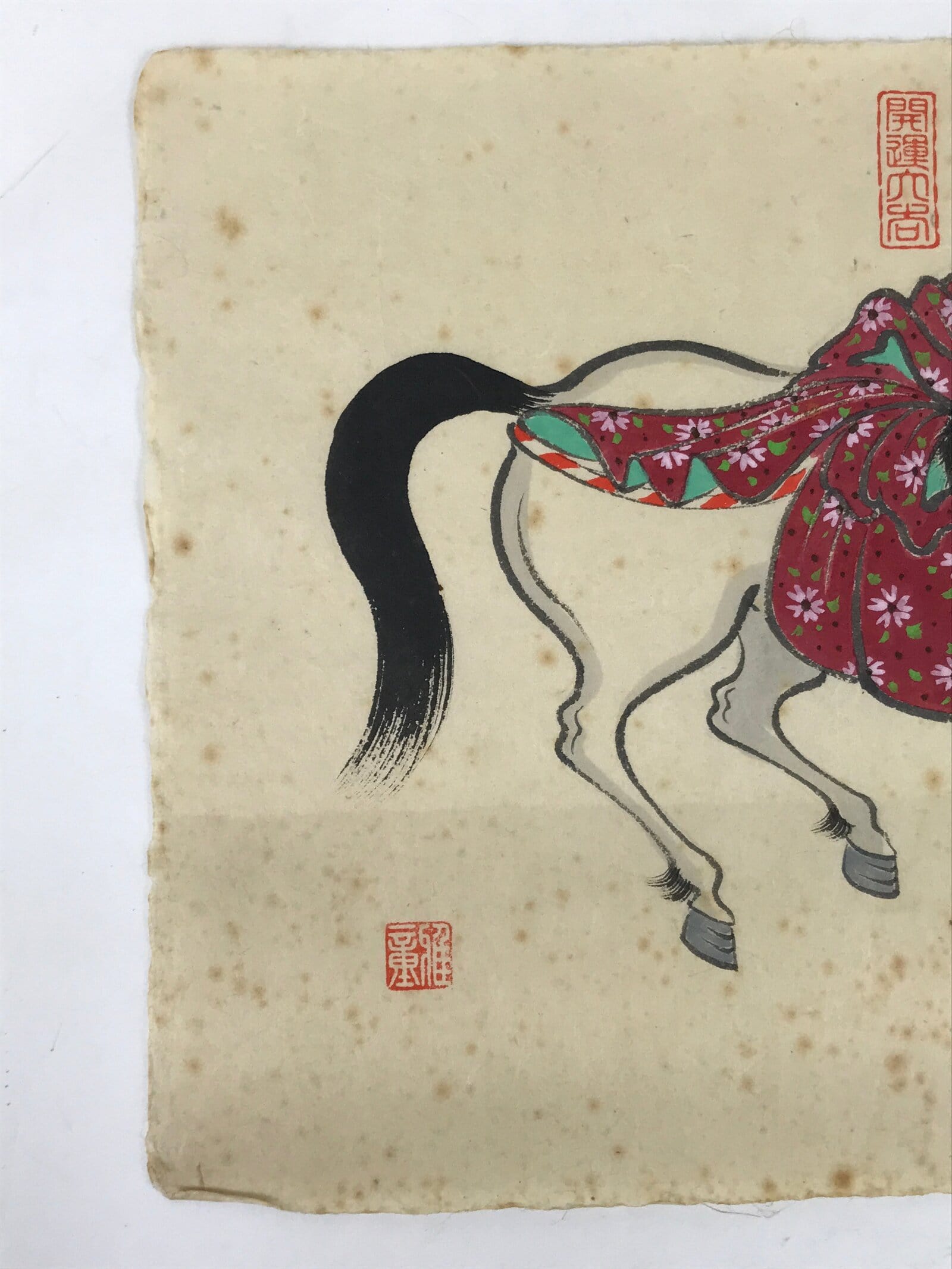 Japanese Calligraphy Painting Horse Vtg Good Fortune Paper Ema Burgundy FL370