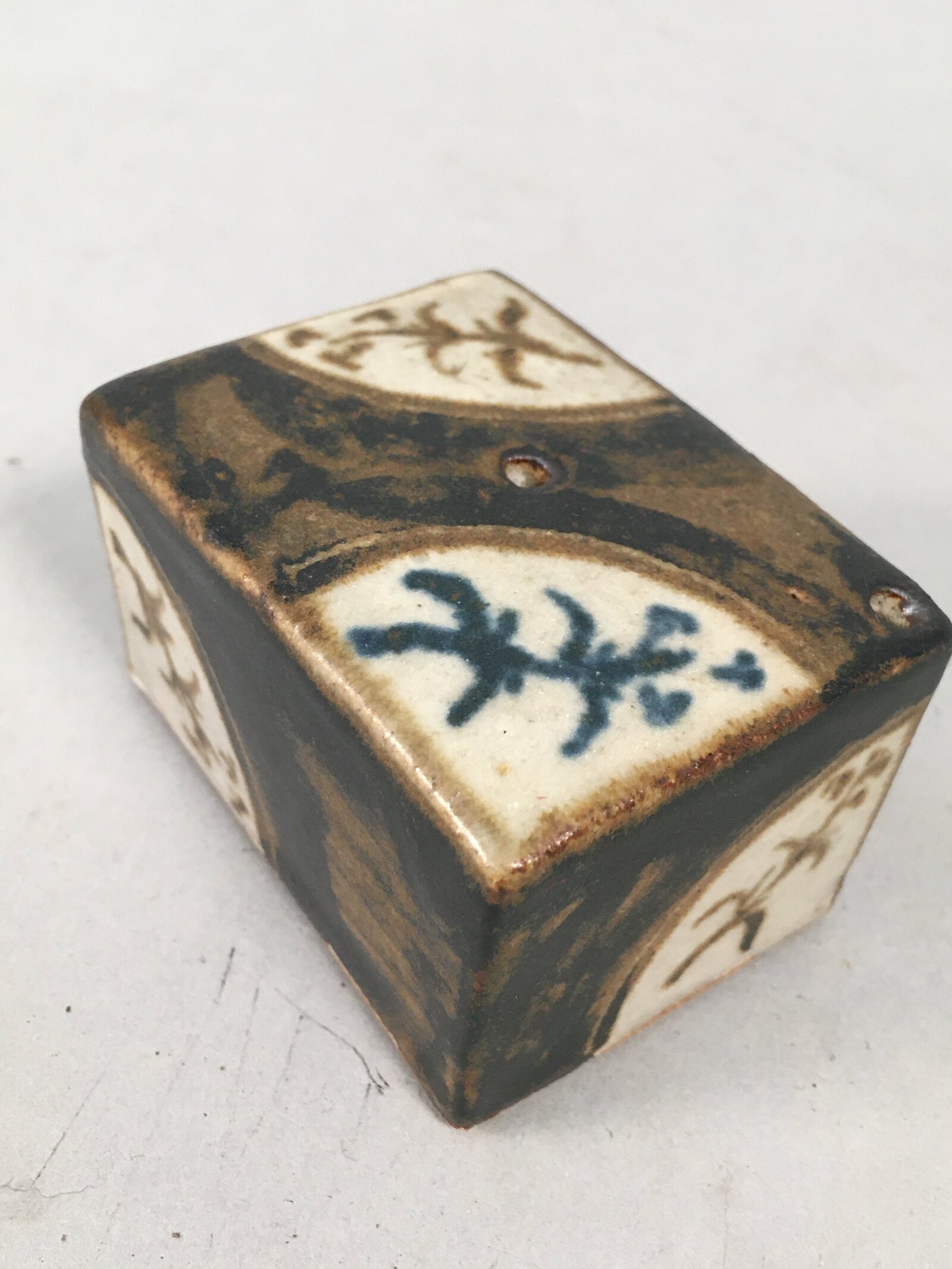 Japanese Calligraphy Water Dropper Suiteki Vtg Pottery Cuboid Brown PP408