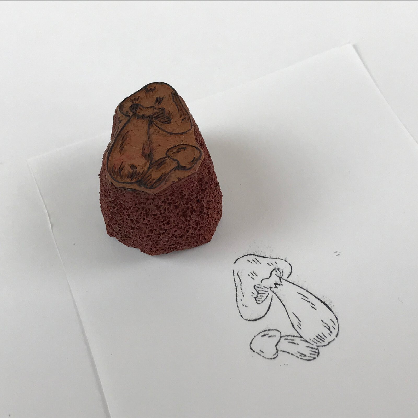 Japanese Carved Rubber Stamp 2 Mushrooms Vtg Sponge Base Stationary HS184