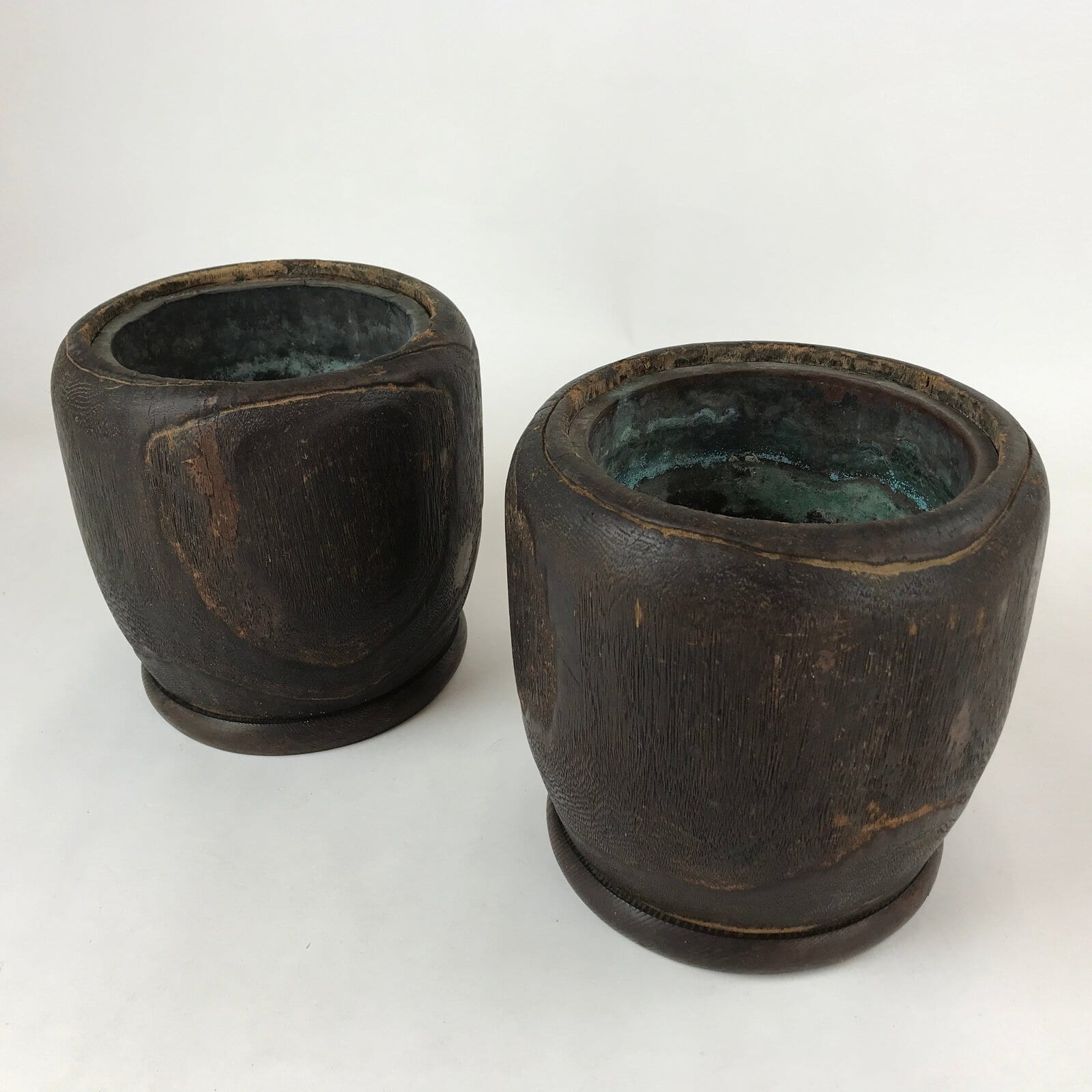 Japanese Carved Wooden Brazier Fire Pit Vtg Hibachi Copper Insert 2pc Set H46