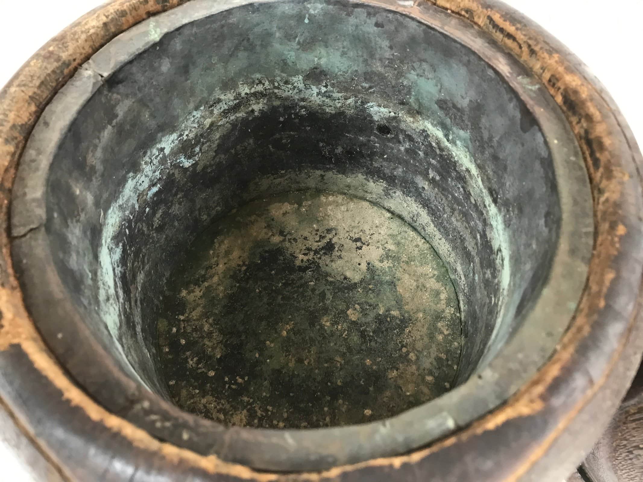 Japanese Carved Wooden Brazier Fire Pit Vtg Hibachi Copper Insert 2pc Set H46