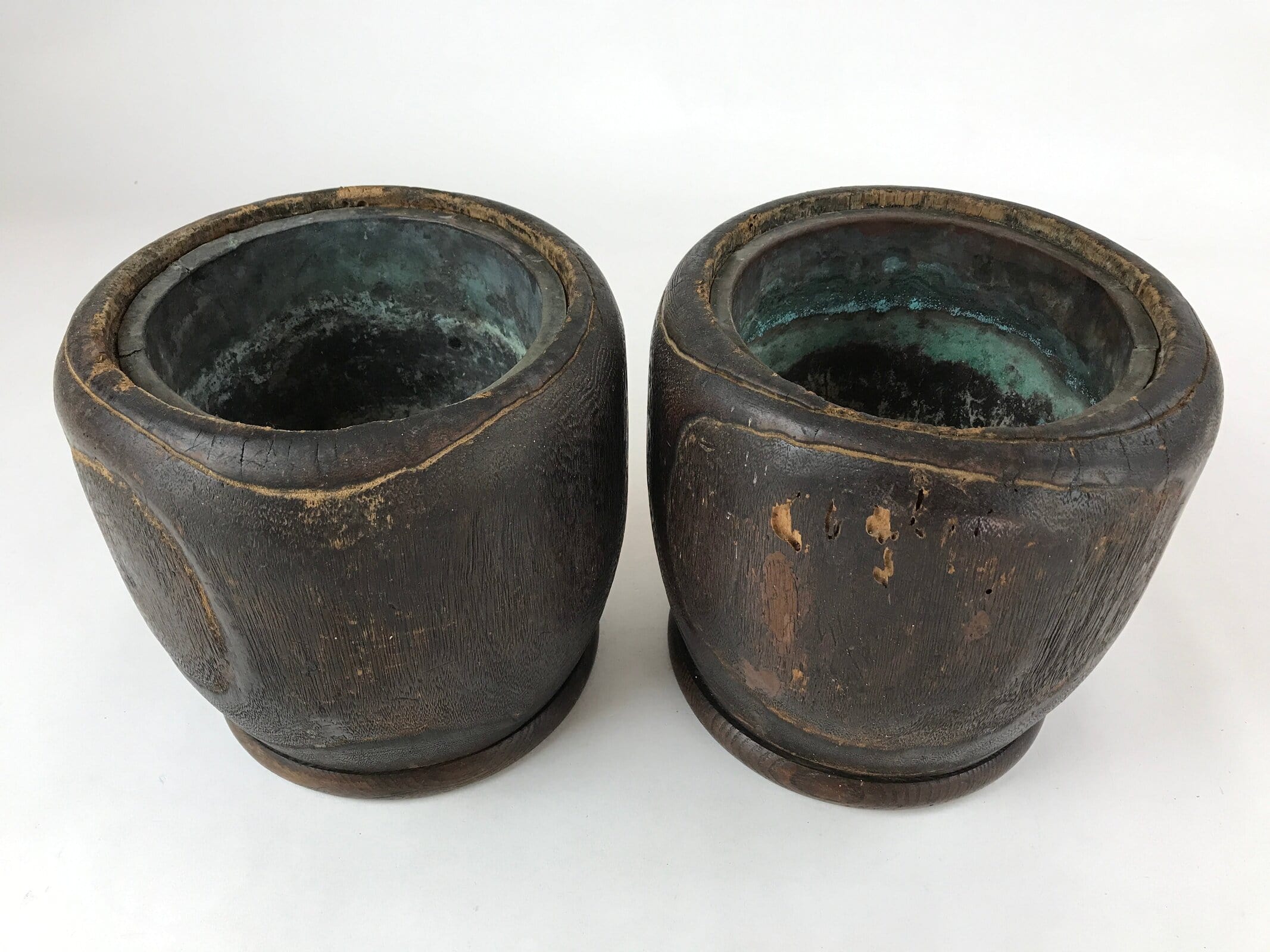 Japanese Carved Wooden Brazier Fire Pit Vtg Hibachi Copper Insert 2pc Set H46