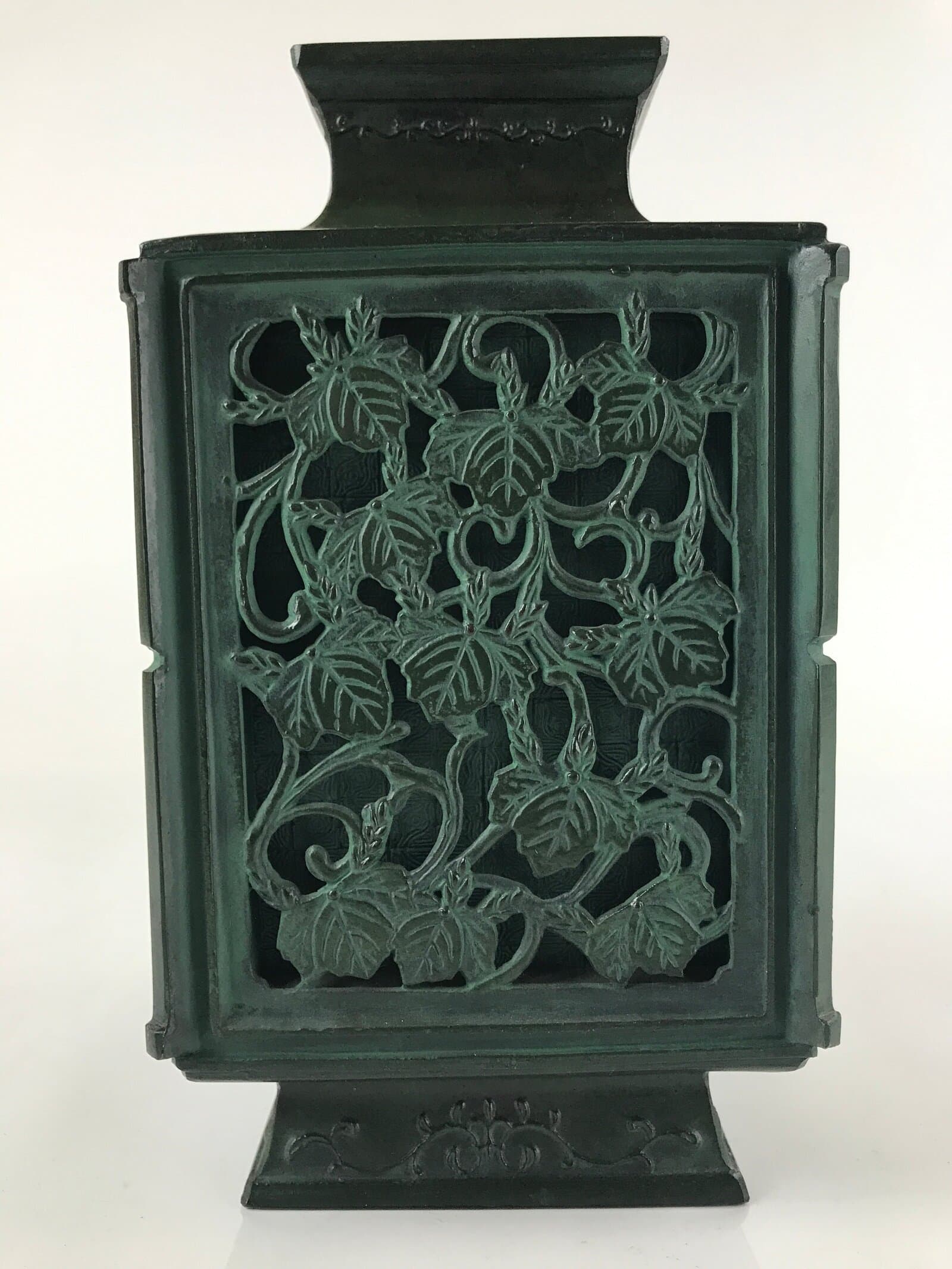 Japanese Cast Iron Vase Kabin Vtg Ikebana Flower Arrangement Green Floral PX722