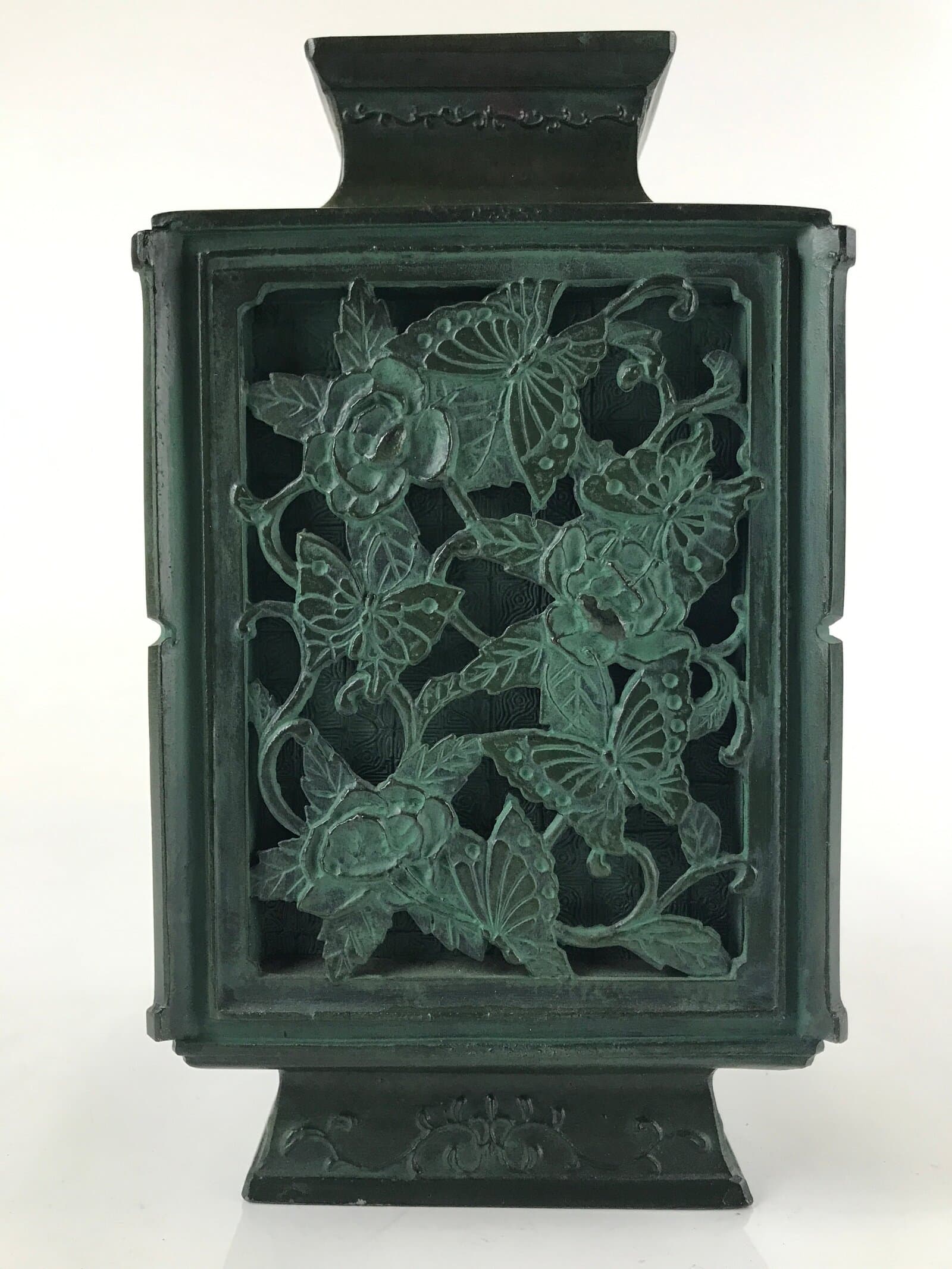 Japanese Cast Iron Vase Kabin Vtg Ikebana Flower Arrangement Green Floral PX722