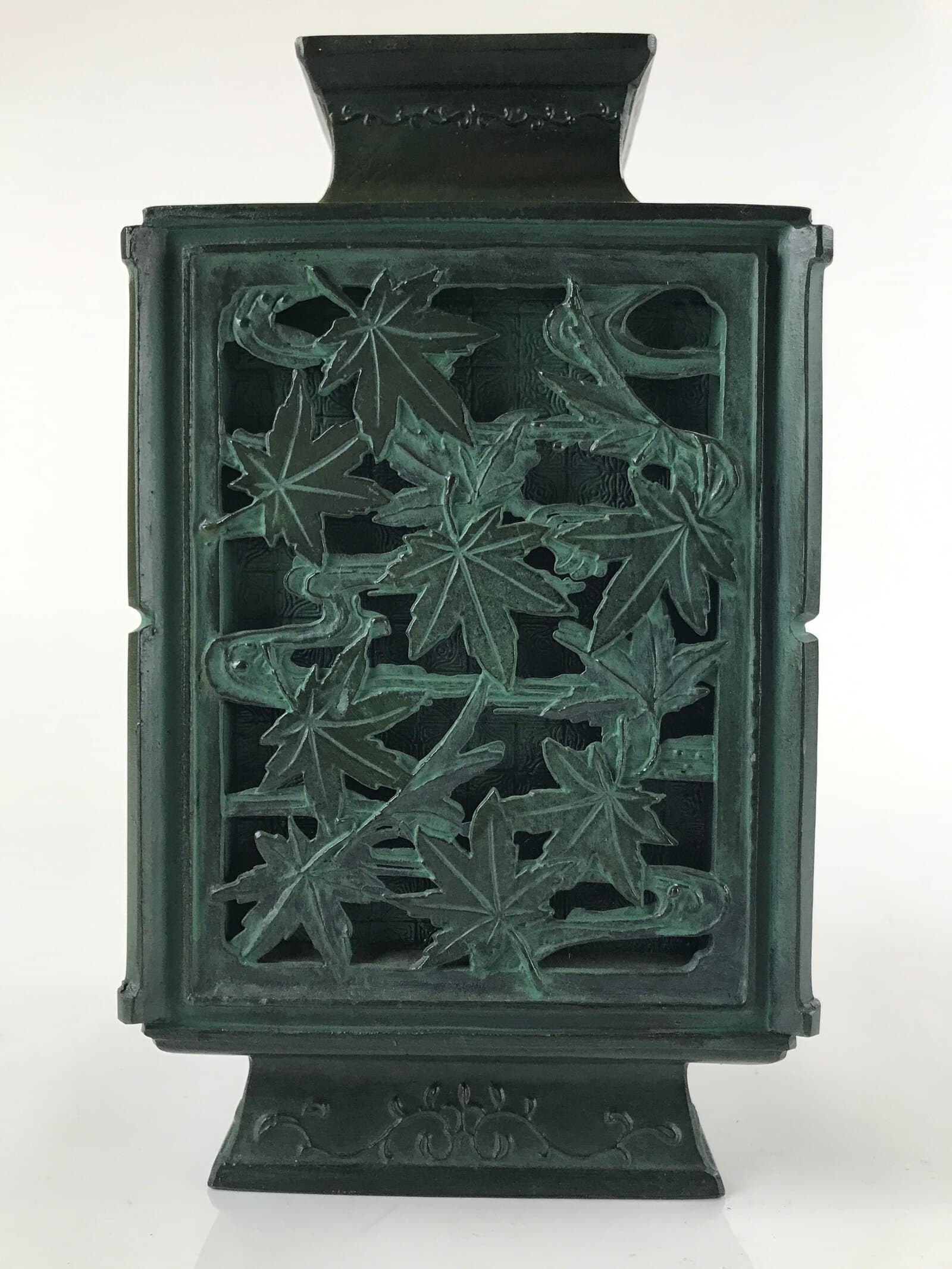 Japanese Cast Iron Vase Kabin Vtg Ikebana Flower Arrangement Green Floral PX722