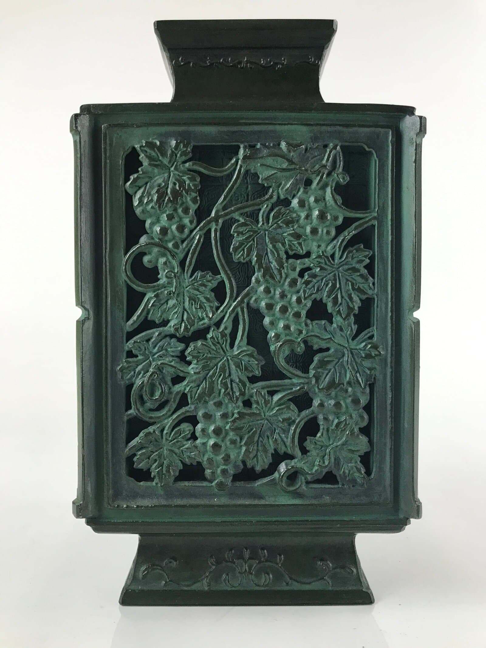Japanese Cast Iron Vase Kabin Vtg Ikebana Flower Arrangement Green Floral PX722