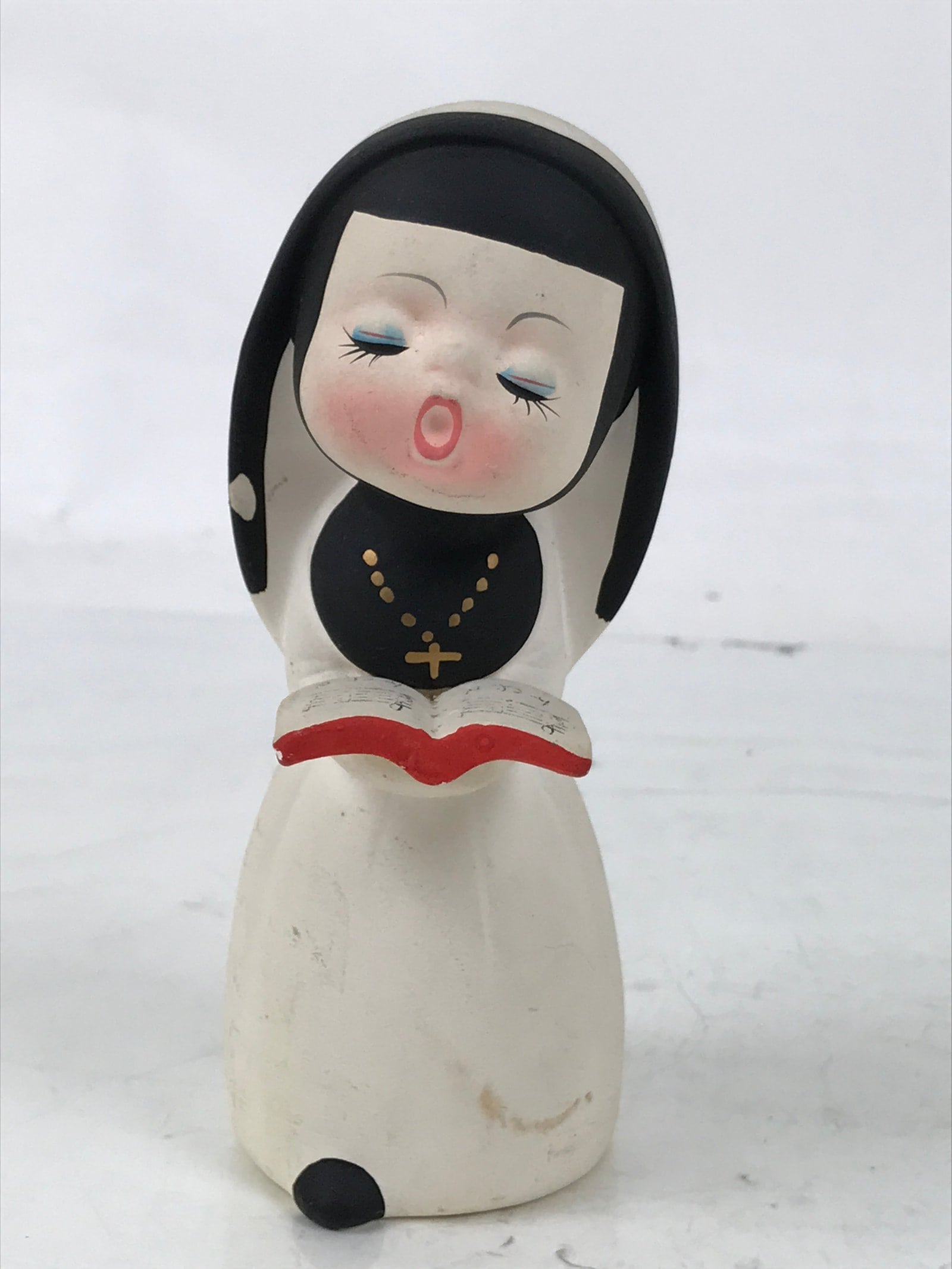 Japanese Catholic Singing Nun Clay Figurine Vtg Ceramic Sister White Black ST64