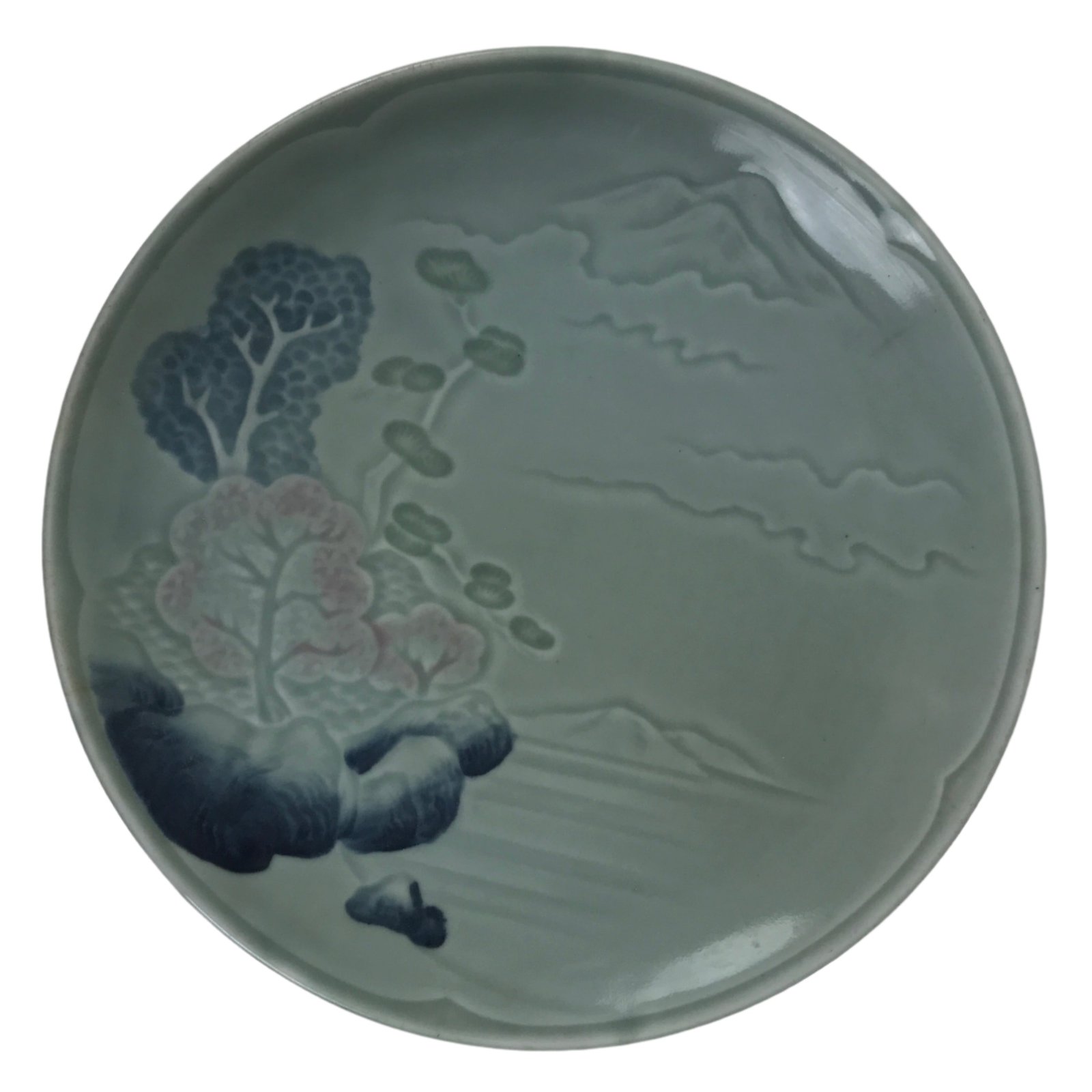 Japanese Ceramic Decorative Plate Sara Vtg Round Blue Pine Sakura Tree Y335