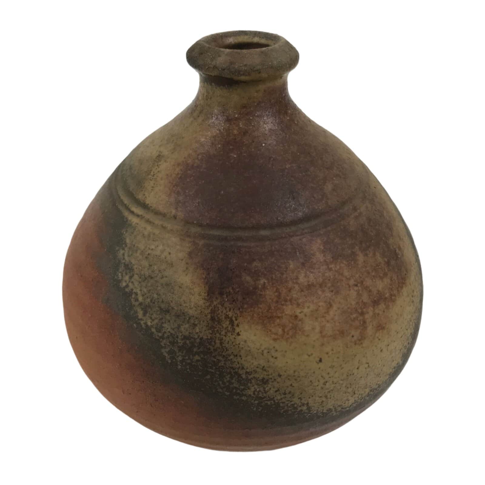 Japanese Ceramic Flower Vase Vtg Bizen ware Brown Beige Gray Round Kabin FK171
