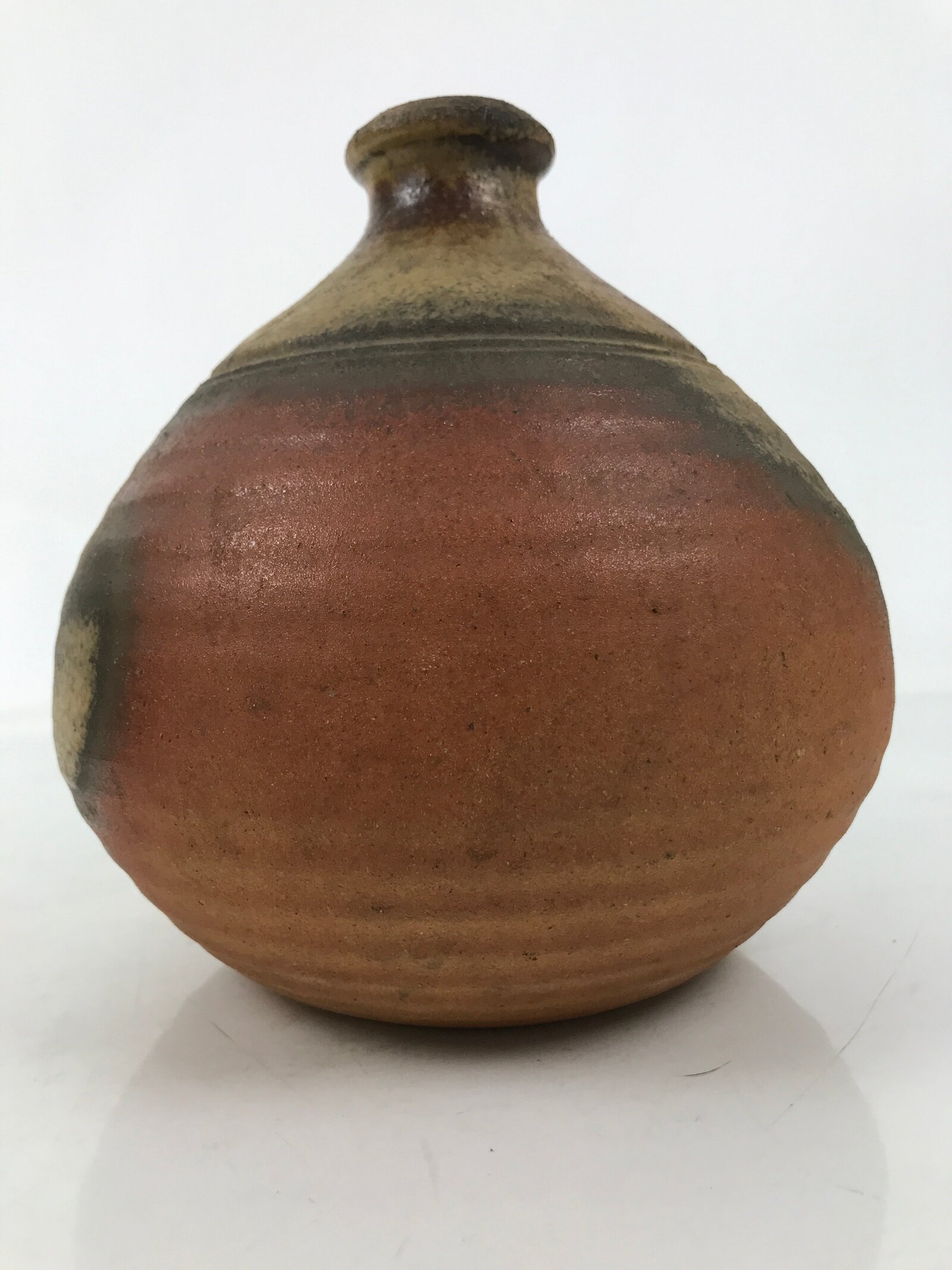 Japanese Ceramic Flower Vase Vtg Bizen ware Brown Beige Gray Round Kabin FK171