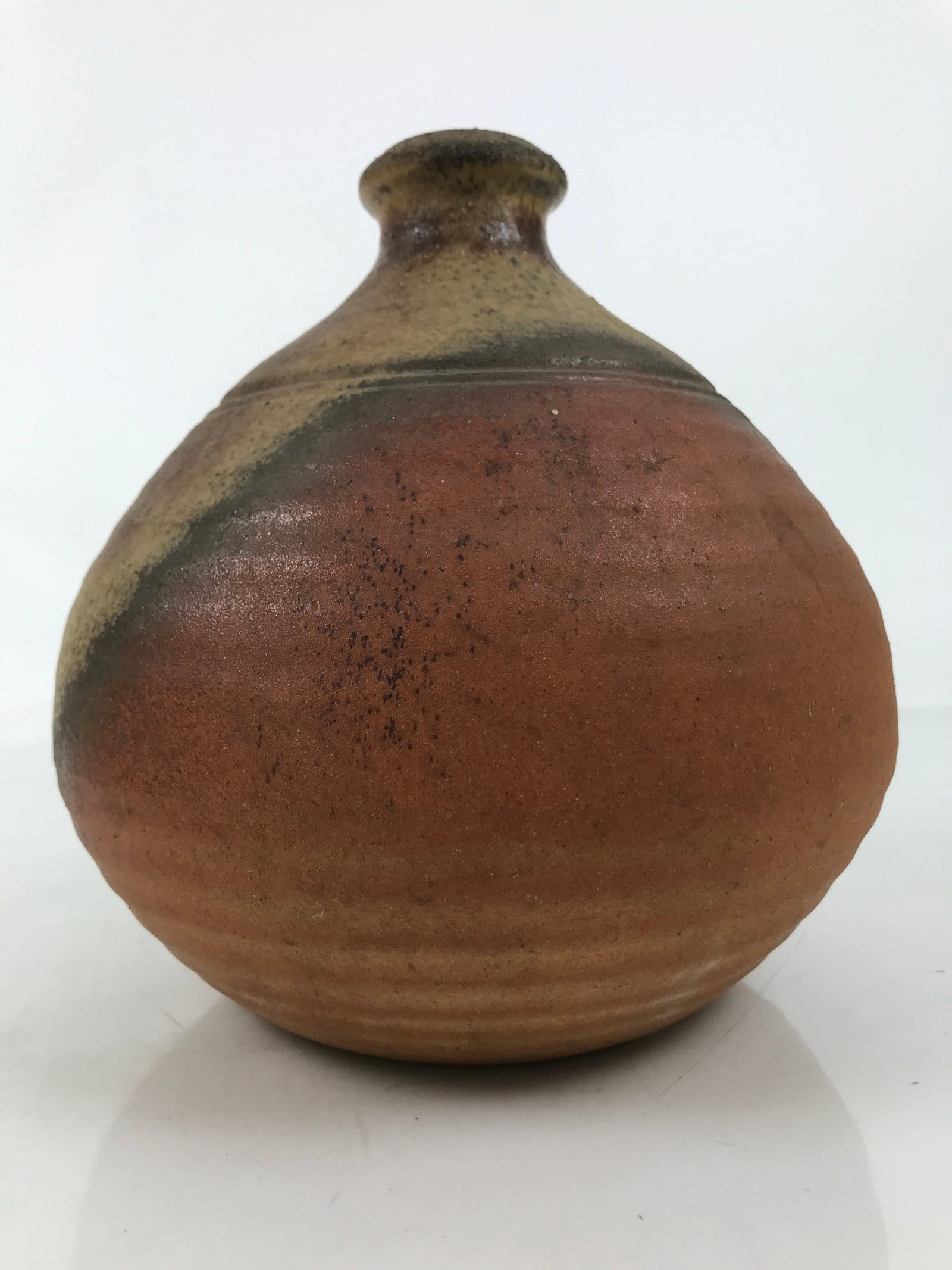 Japanese Ceramic Flower Vase Vtg Bizen ware Brown Beige Gray Round Kabin FK171