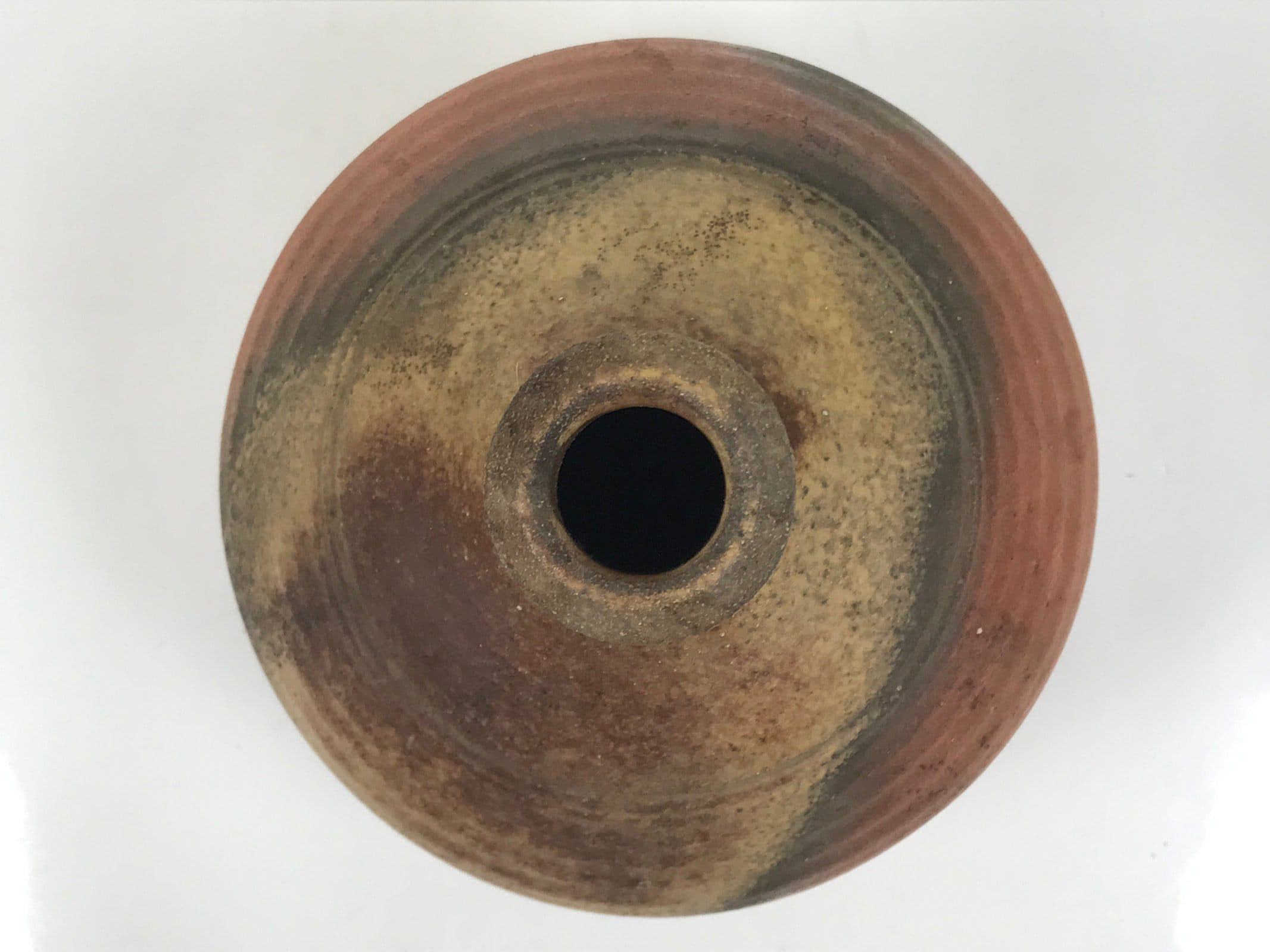 Japanese Ceramic Flower Vase Vtg Bizen ware Brown Beige Gray Round Kabin FK171