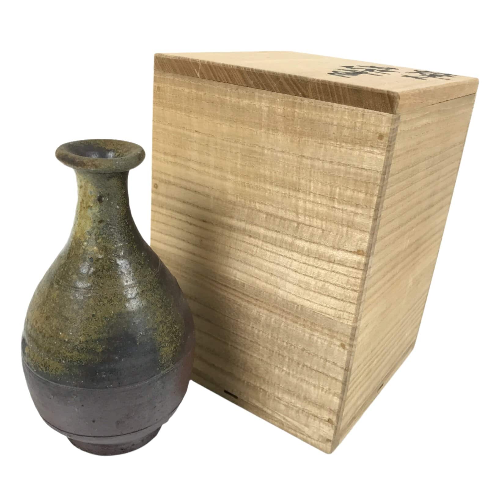 Japanese Ceramic Flower Vase Vtg Crane Neck Brown Ash Glaze Pottery w/Box PX776