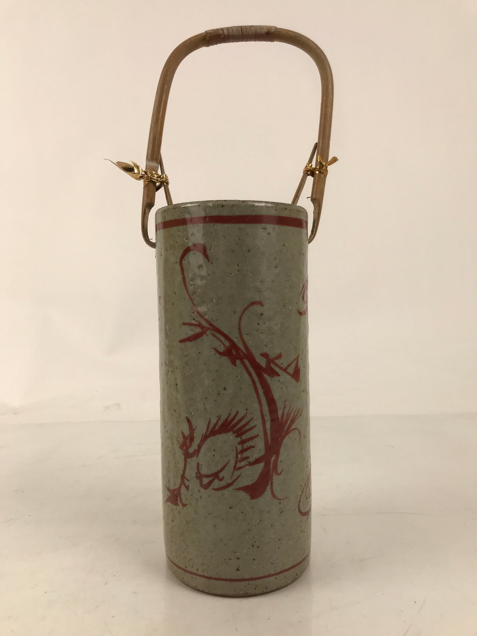 Japanese Ceramic Flower Vase Vtg Ikebana Kabin Gray Akae Bamboo Handle FK188