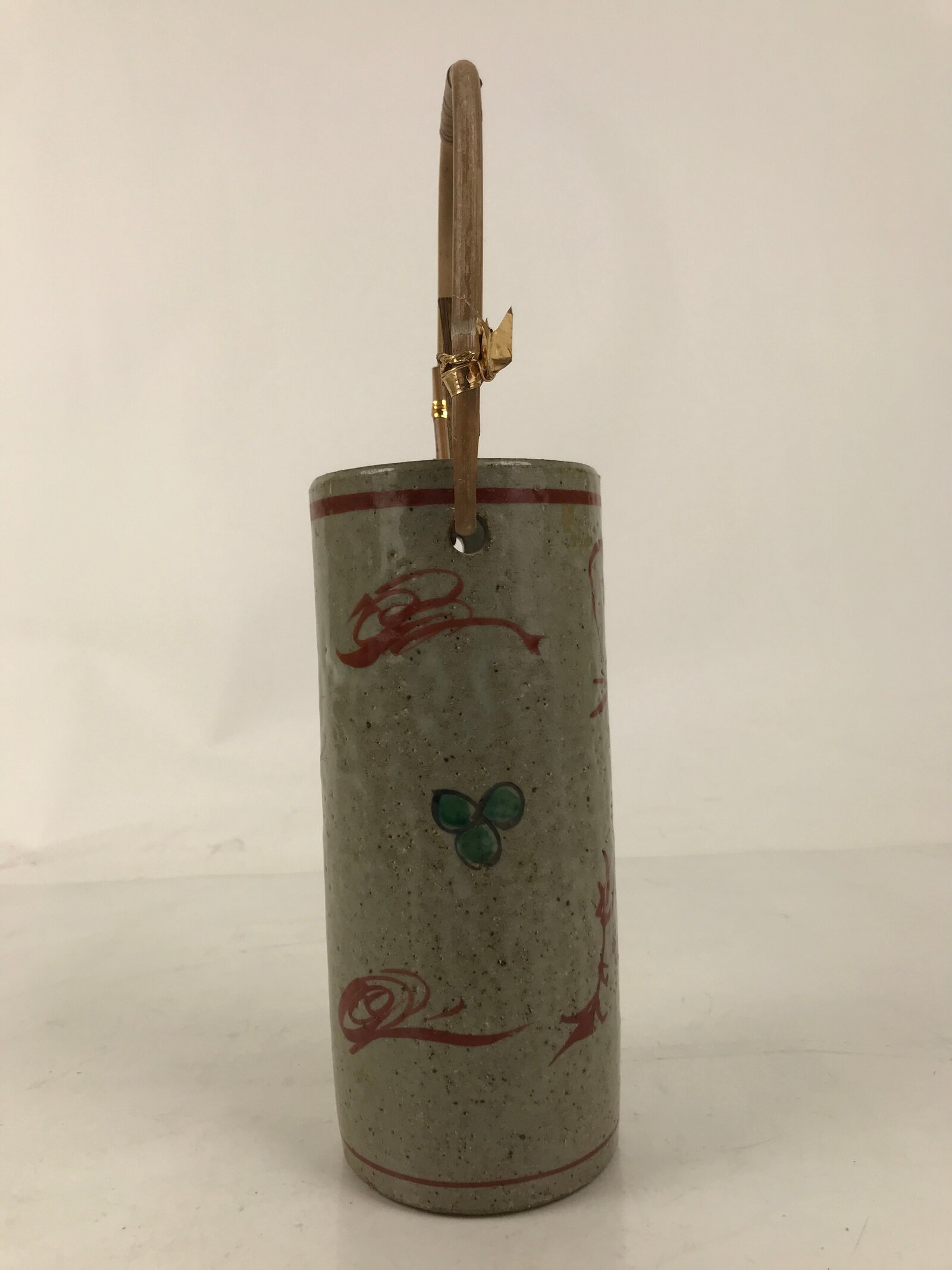 Japanese Ceramic Flower Vase Vtg Ikebana Kabin Gray Akae Bamboo Handle FK188