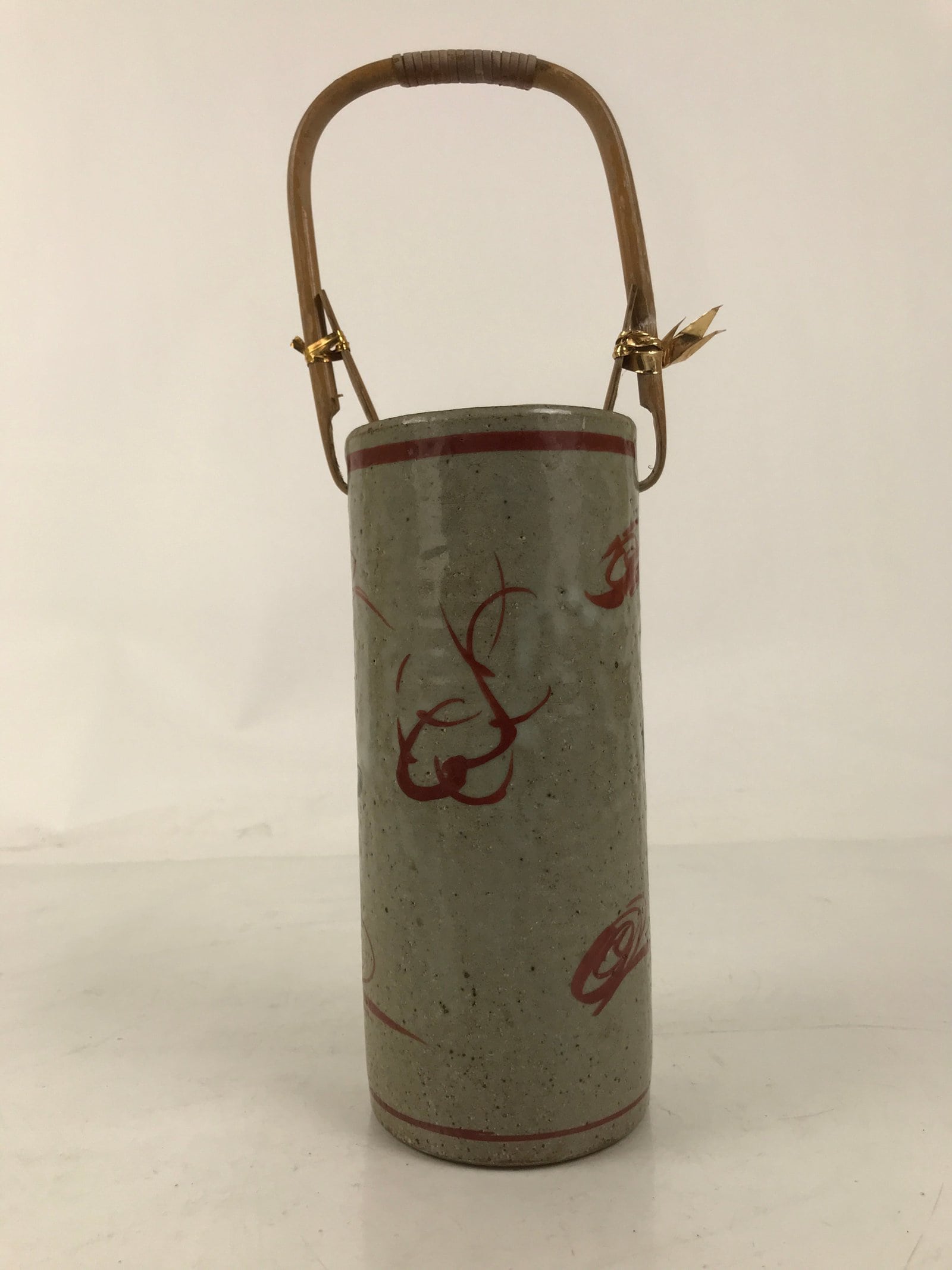 Japanese Ceramic Flower Vase Vtg Ikebana Kabin Gray Akae Bamboo Handle FK188