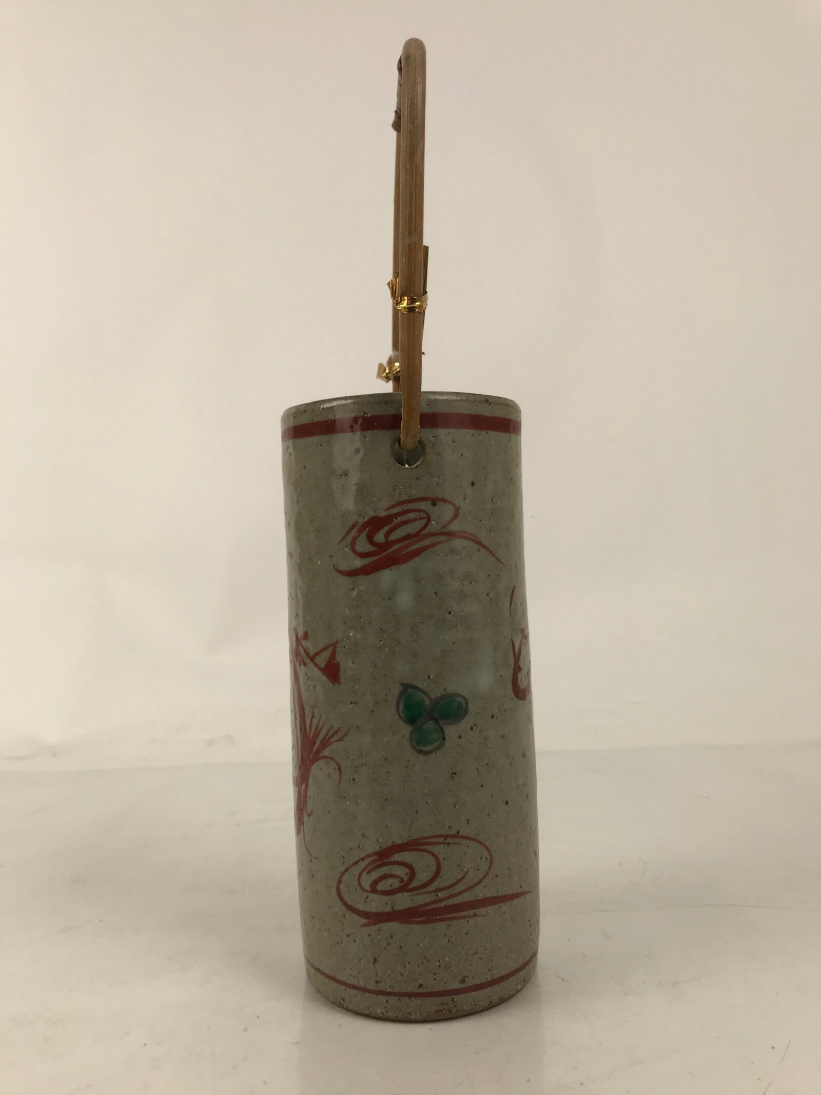 Japanese Ceramic Flower Vase Vtg Ikebana Kabin Gray Akae Bamboo Handle FK188