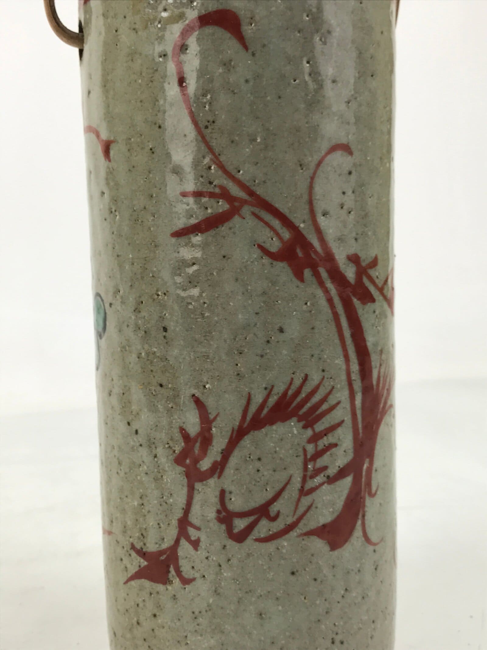 Japanese Ceramic Flower Vase Vtg Ikebana Kabin Gray Akae Bamboo Handle FK188