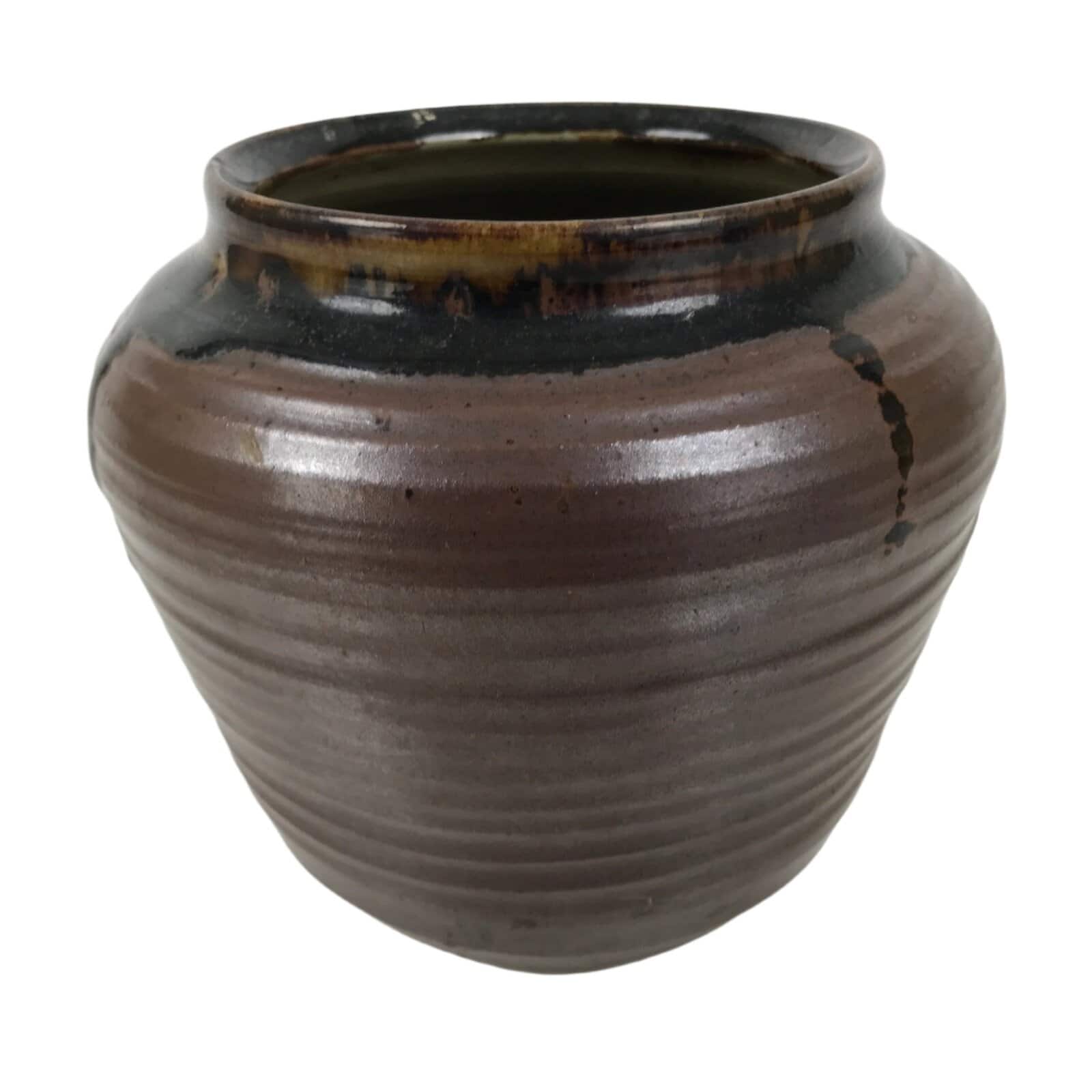 Japanese Ceramic Flower Vase Vtg Ikebana Kabin Round Brown Dripping Black FK196