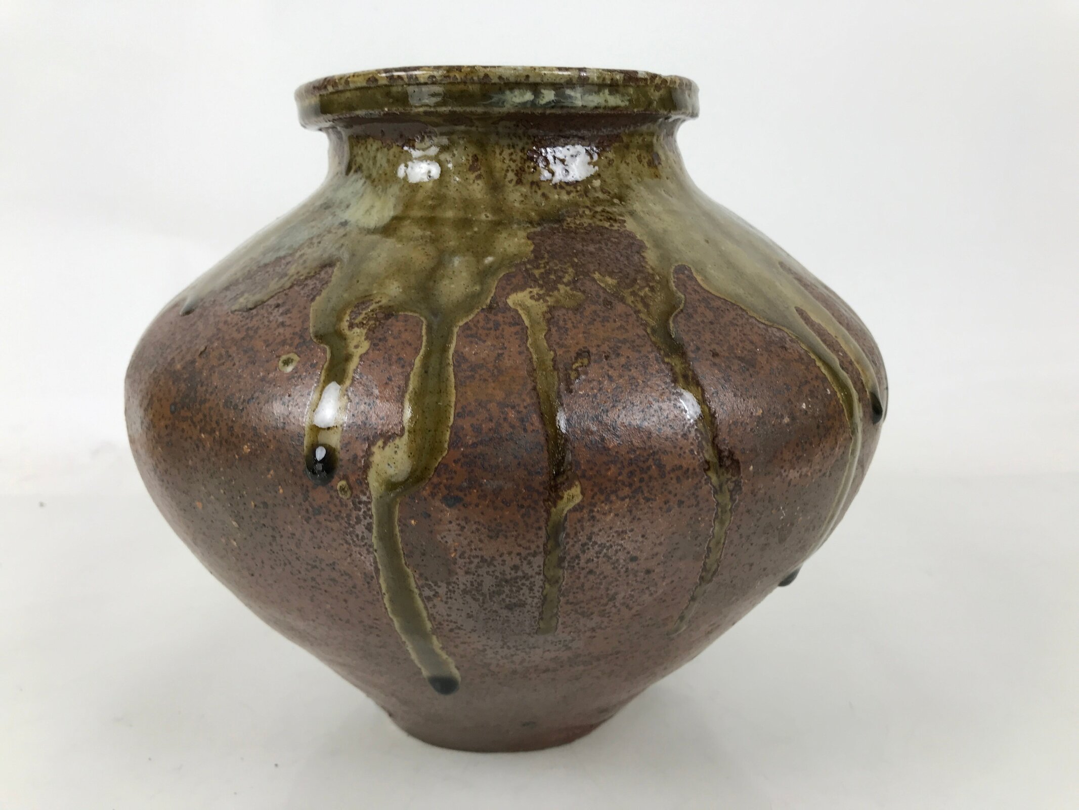 Japanese Ceramic Flower Vase Vtg Ikebana Kabin Round Dripping Brown Green FK194