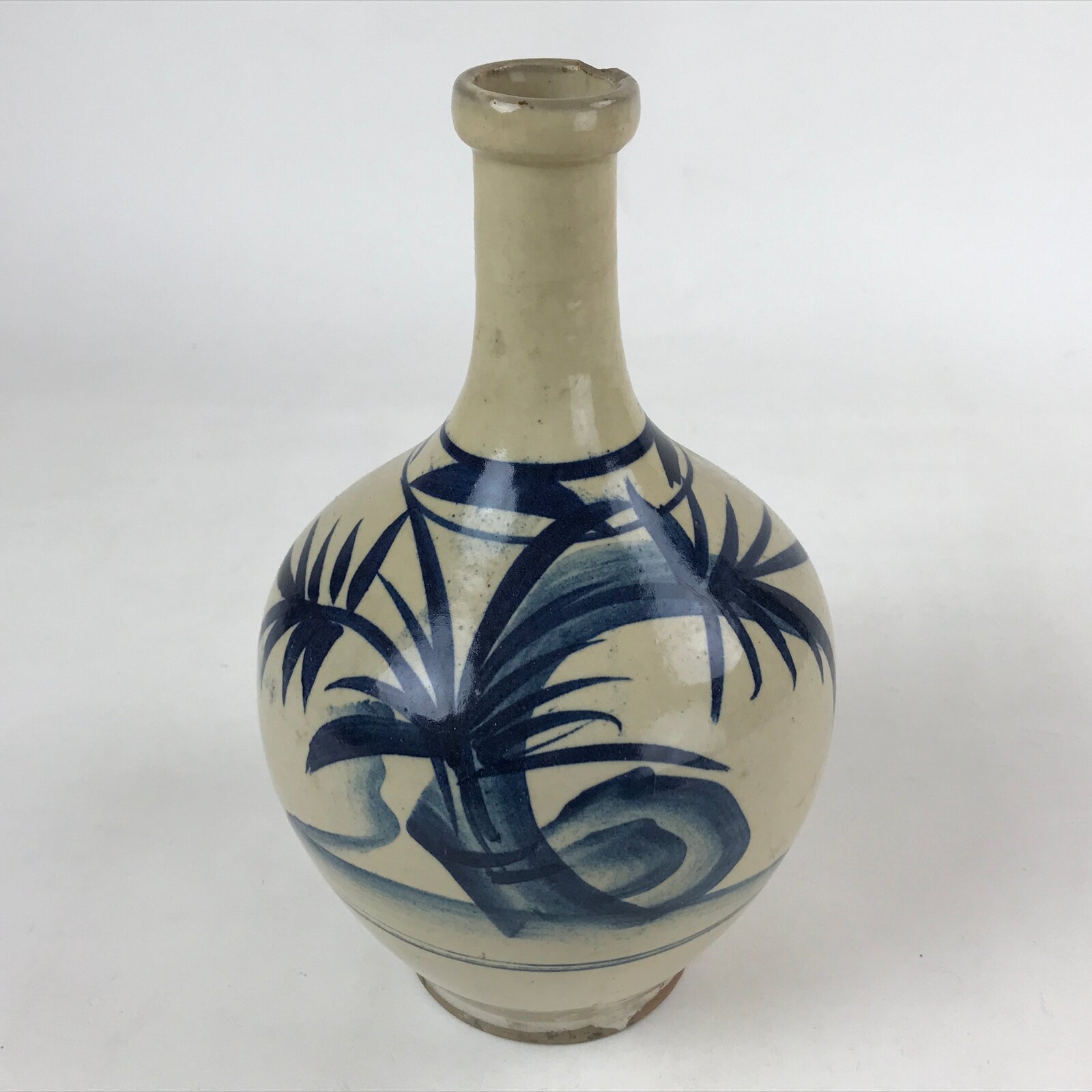 Japanese Ceramic Flower Vase Vtg Ikebana Kabin Sometsuke White Blue Plants FK85