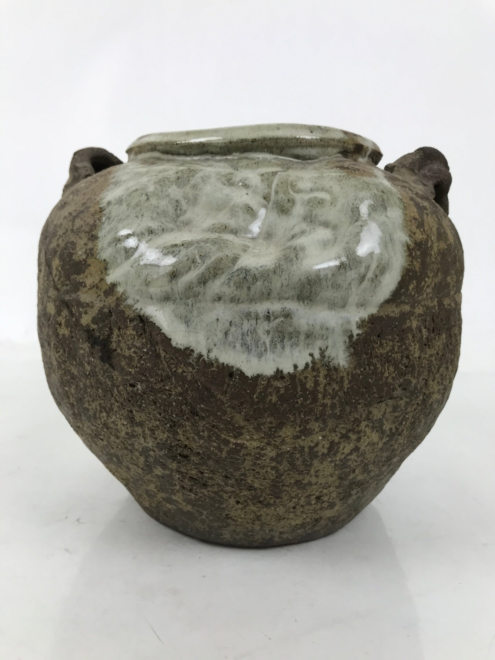 Japanese Ceramic Flower Vase Vtg Ikebana Kabin Tsubo Round Brown White FK191