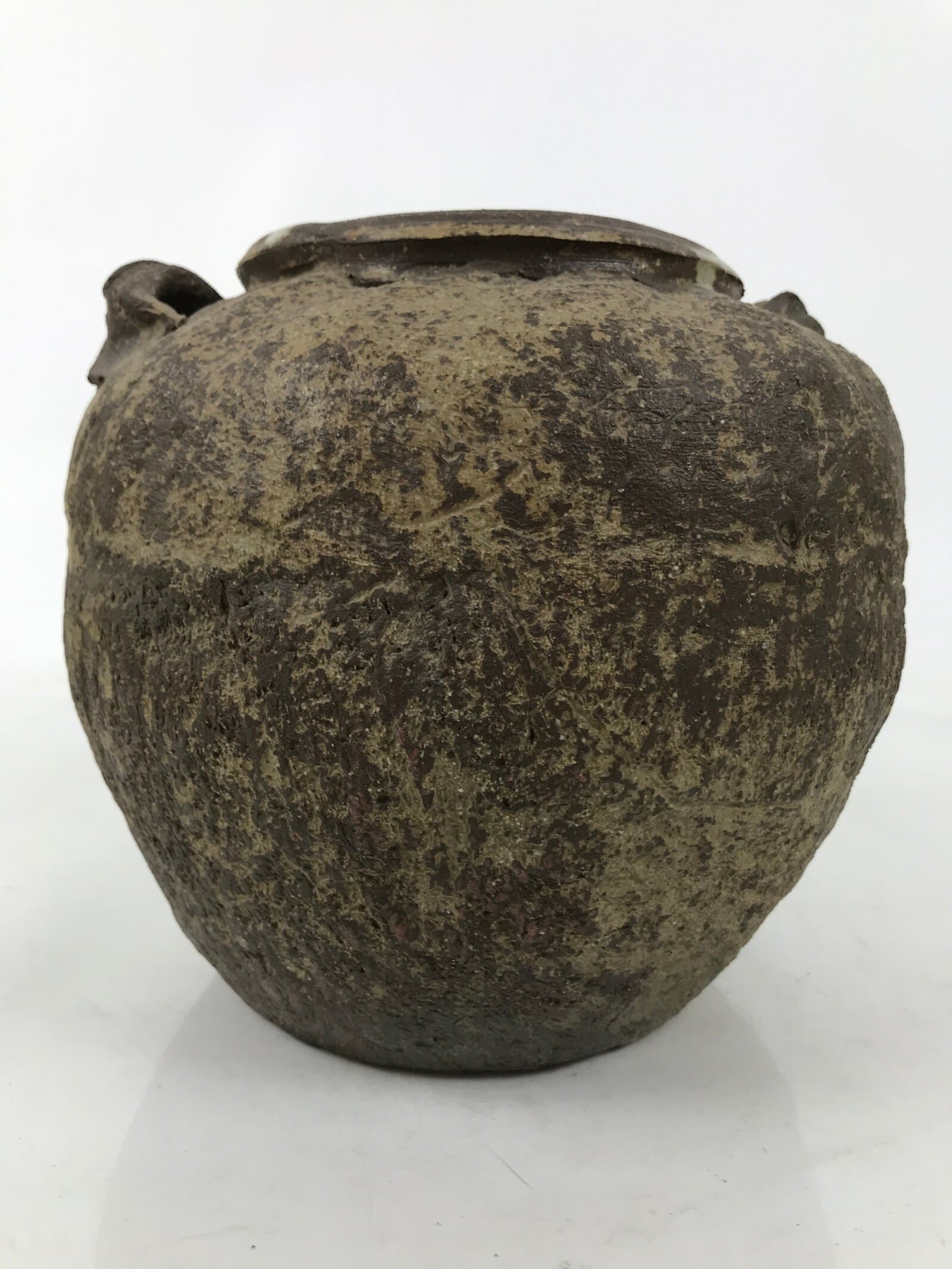 Japanese Ceramic Flower Vase Vtg Ikebana Kabin Tsubo Round Brown White FK191