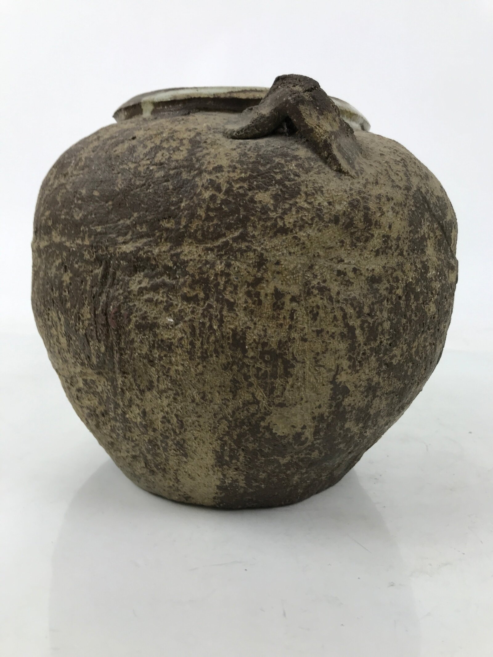 Japanese Ceramic Flower Vase Vtg Ikebana Kabin Tsubo Round Brown White FK191