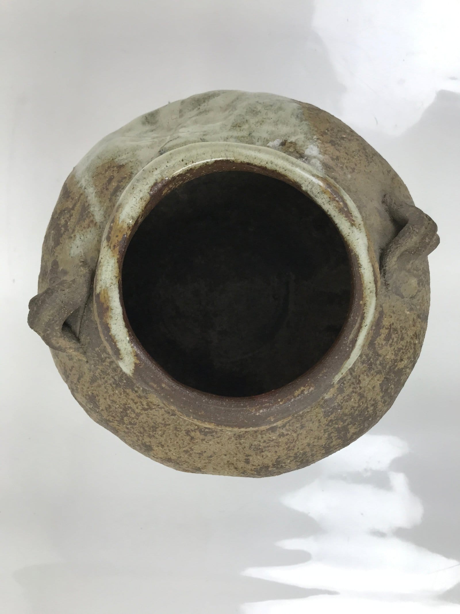 Japanese Ceramic Flower Vase Vtg Ikebana Kabin Tsubo Round Brown White FK191