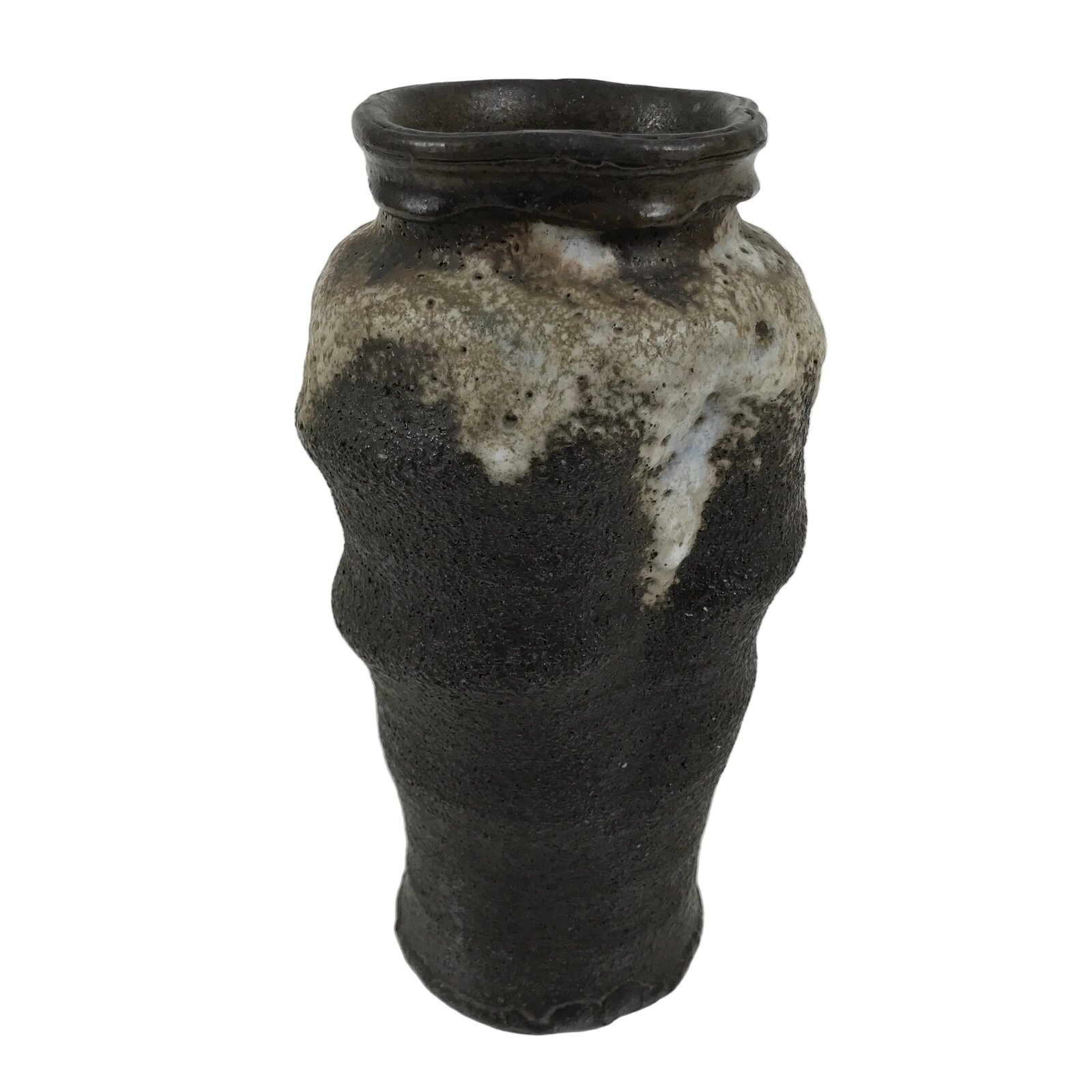 Japanese Ceramic Flower Vase Vtg Kabin Brown Charcoal Ash Glaze Unduration FK224