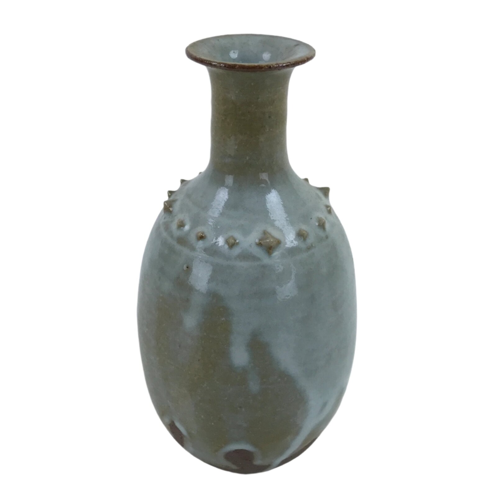 Japanese Ceramic Flower Vase Vtg Kabin Crane Neck Glass Glaze Green FK151