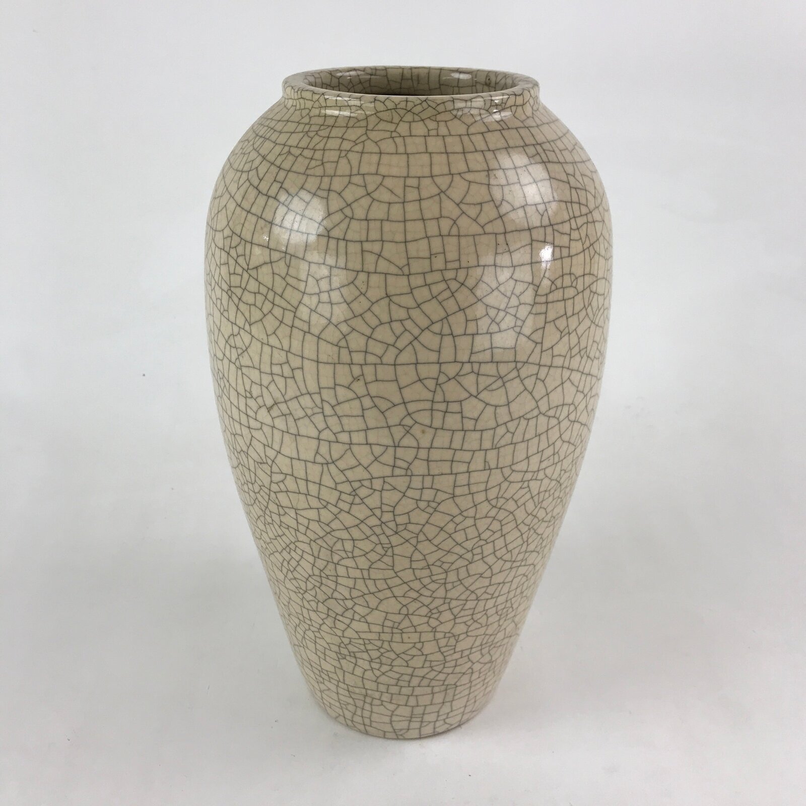 Japanese Ceramic Flower Vase Vtg Kabin Ikebana Glaze Crackle Beige Blue FK45