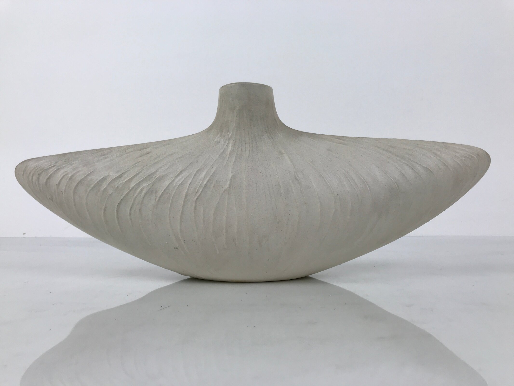 Japanese Ceramic Flower Vase Vtg Kabin White Wide Unique Textured Boat FK222